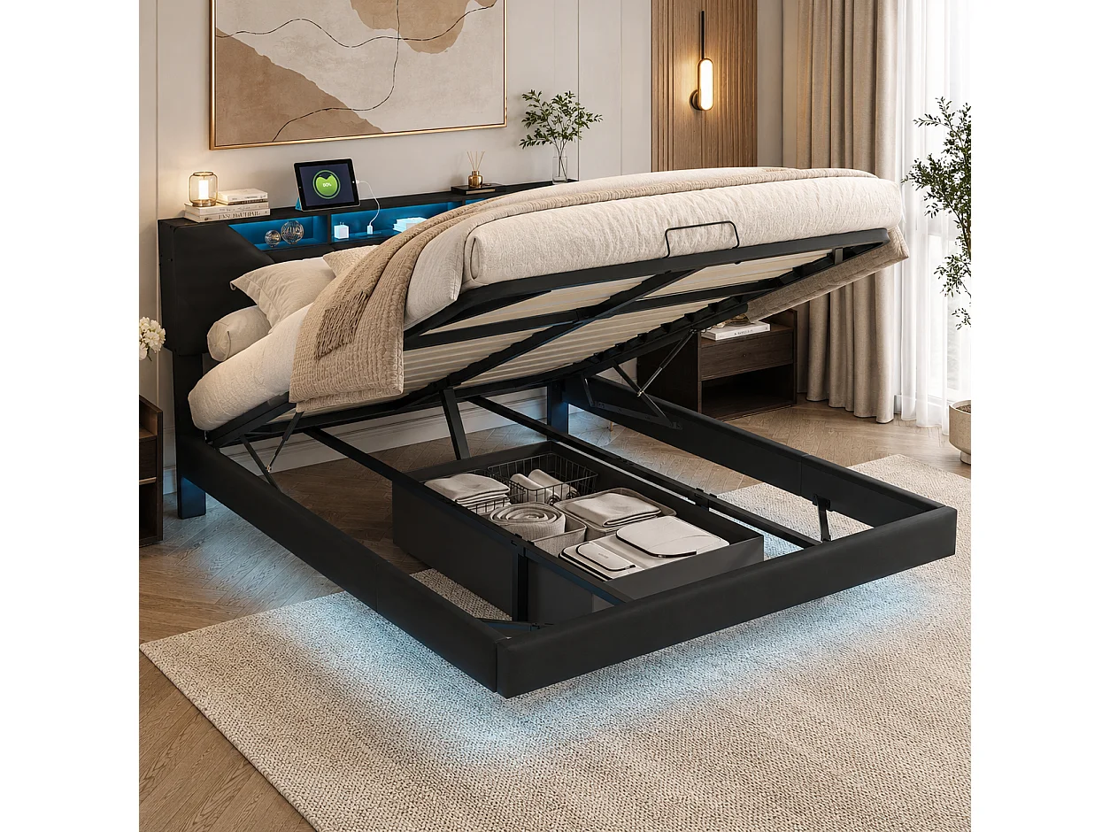 Lit Coffre 140x200cm, Lit Double avec tête de lit en PU Moderne, Grand Espace de Rangement hydraulique, Ports Recharge USB, éclairage LED, PU