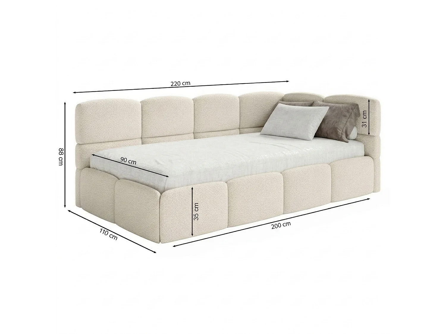 Jugendbett 90x200 mit Matratze – Kopfteil links – Samt Hellblau – CLOUDY
