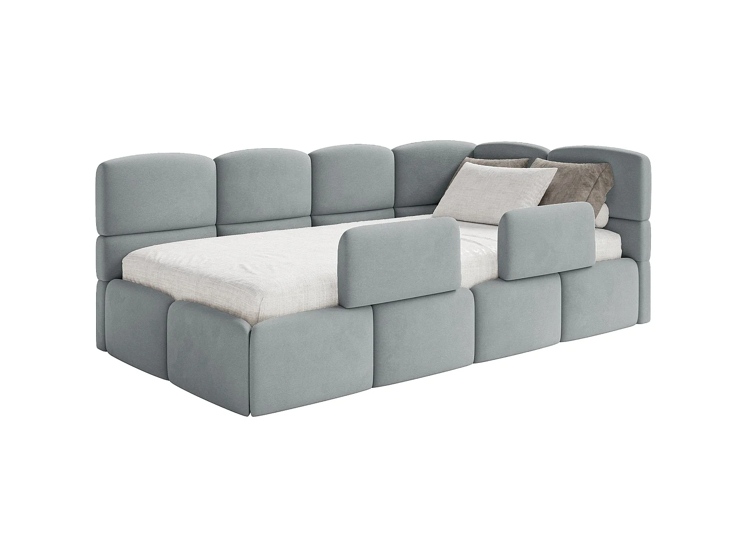 Lit enfant 90x200 – barrière – tête de lit à droite – velours Gris – CLOUDY