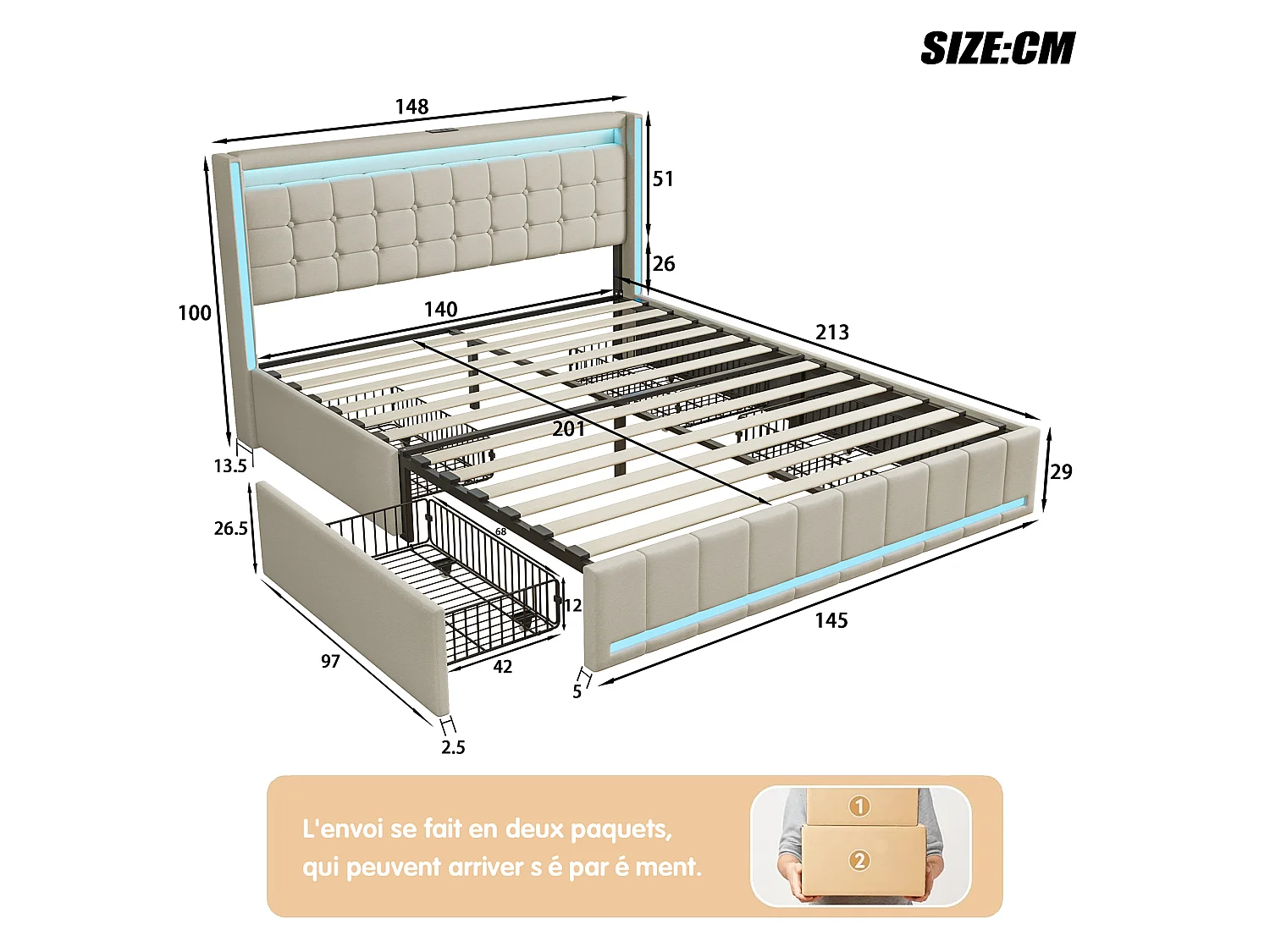 Lit avec Rangement 140x200 cm, Lit Double avec 4 tiroirs, lit coffre éclairage LED et Ports USB, Cadre de lit avec sommier, Lin,Beige