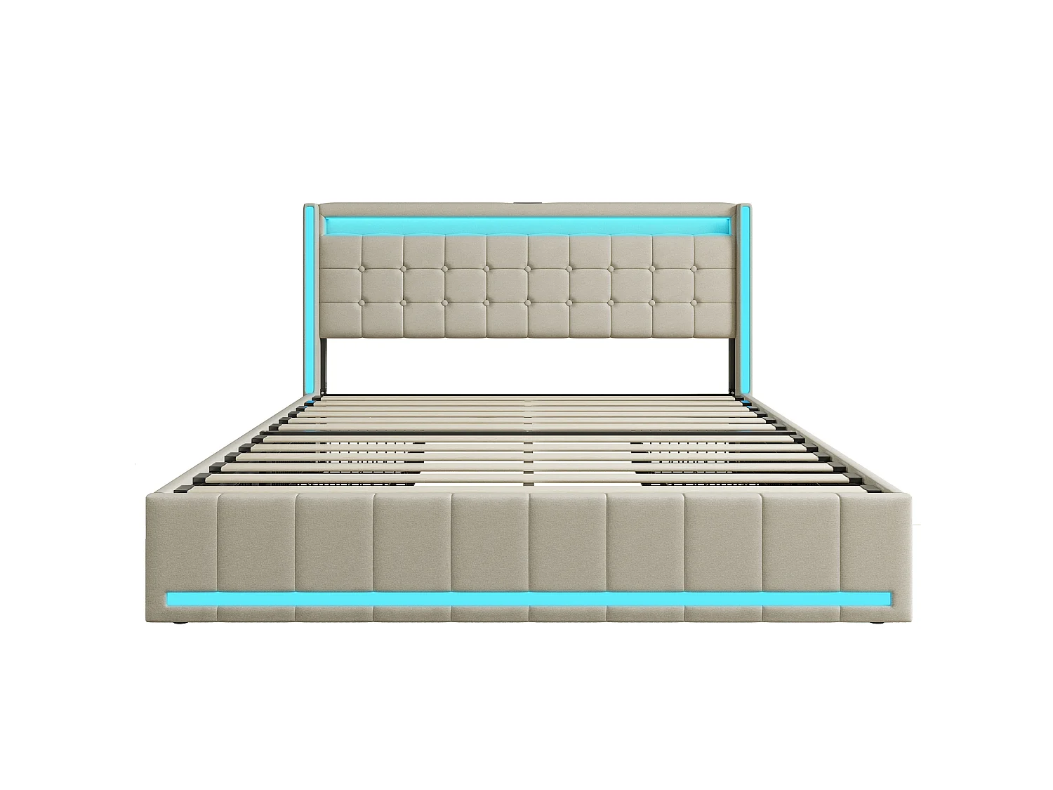 Lit avec Rangement 140x200 cm, Lit Double avec 4 tiroirs, lit coffre éclairage LED et Ports USB, Cadre de lit avec sommier, Lin,Beige
