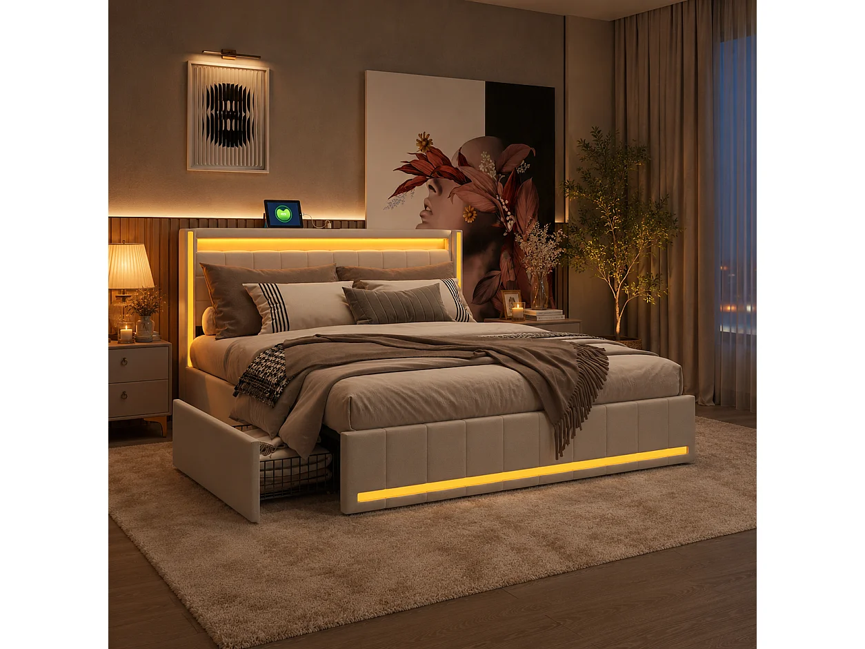 Lit avec Rangement 140x200 cm, Lit Double avec 4 tiroirs, lit coffre éclairage LED et Ports USB, Cadre de lit avec sommier, Lin,Beige
