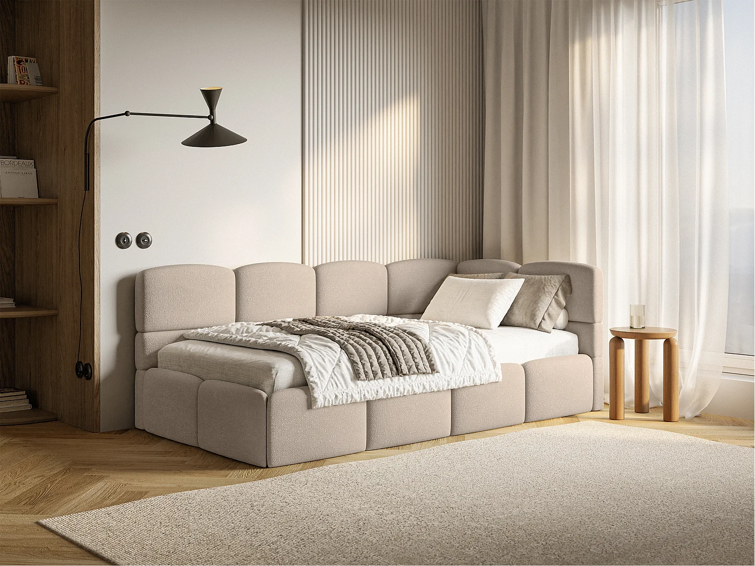 Tienerbed 120x200 – bouclé – beige – links – CLOUDY