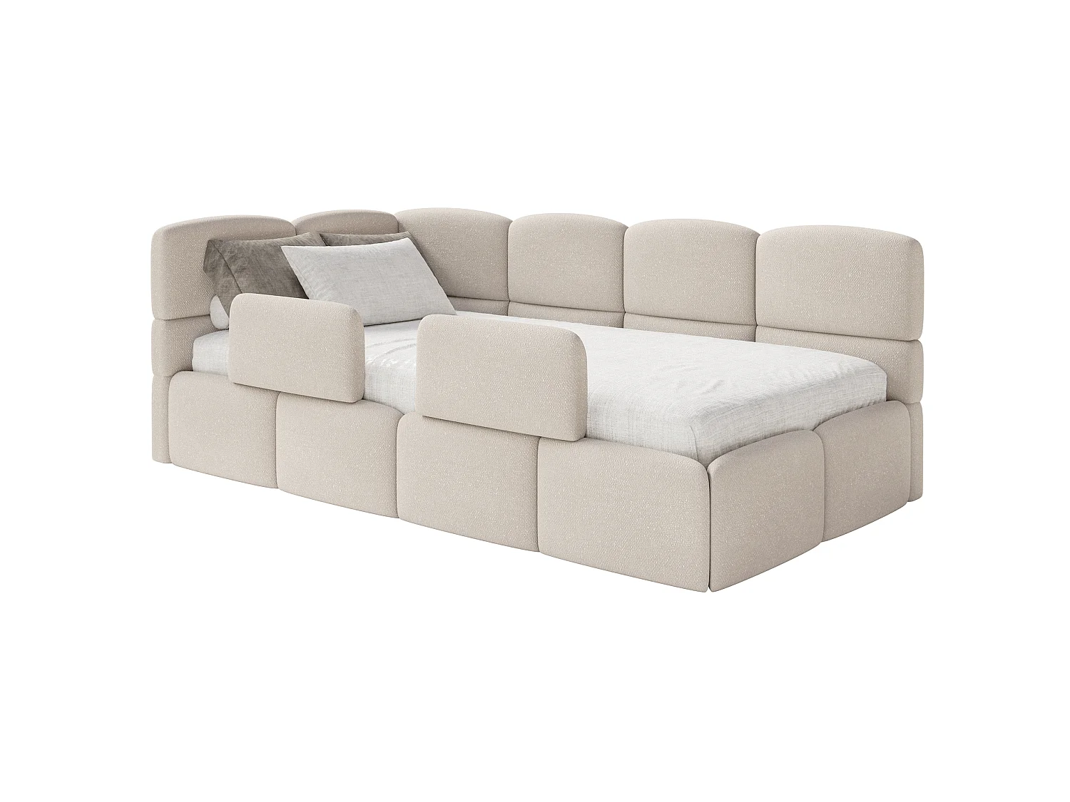Kinderbett 120 cm – Bettkasten – 2x Rausfallschutz – Chenille – links – Creme – CLOUDY