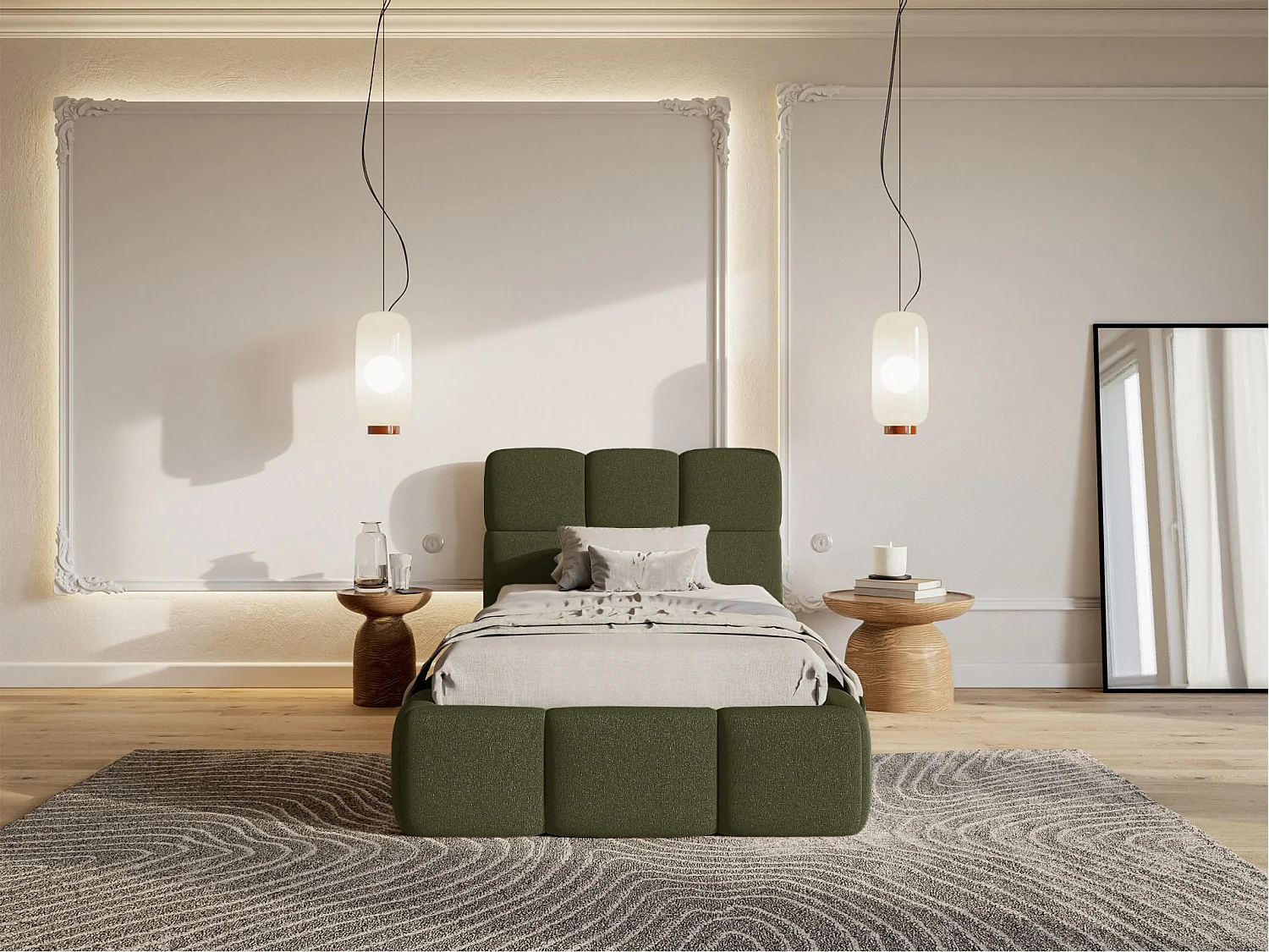 Lit rembourré 90x200 – Chenille Vert olive – CLOUDY