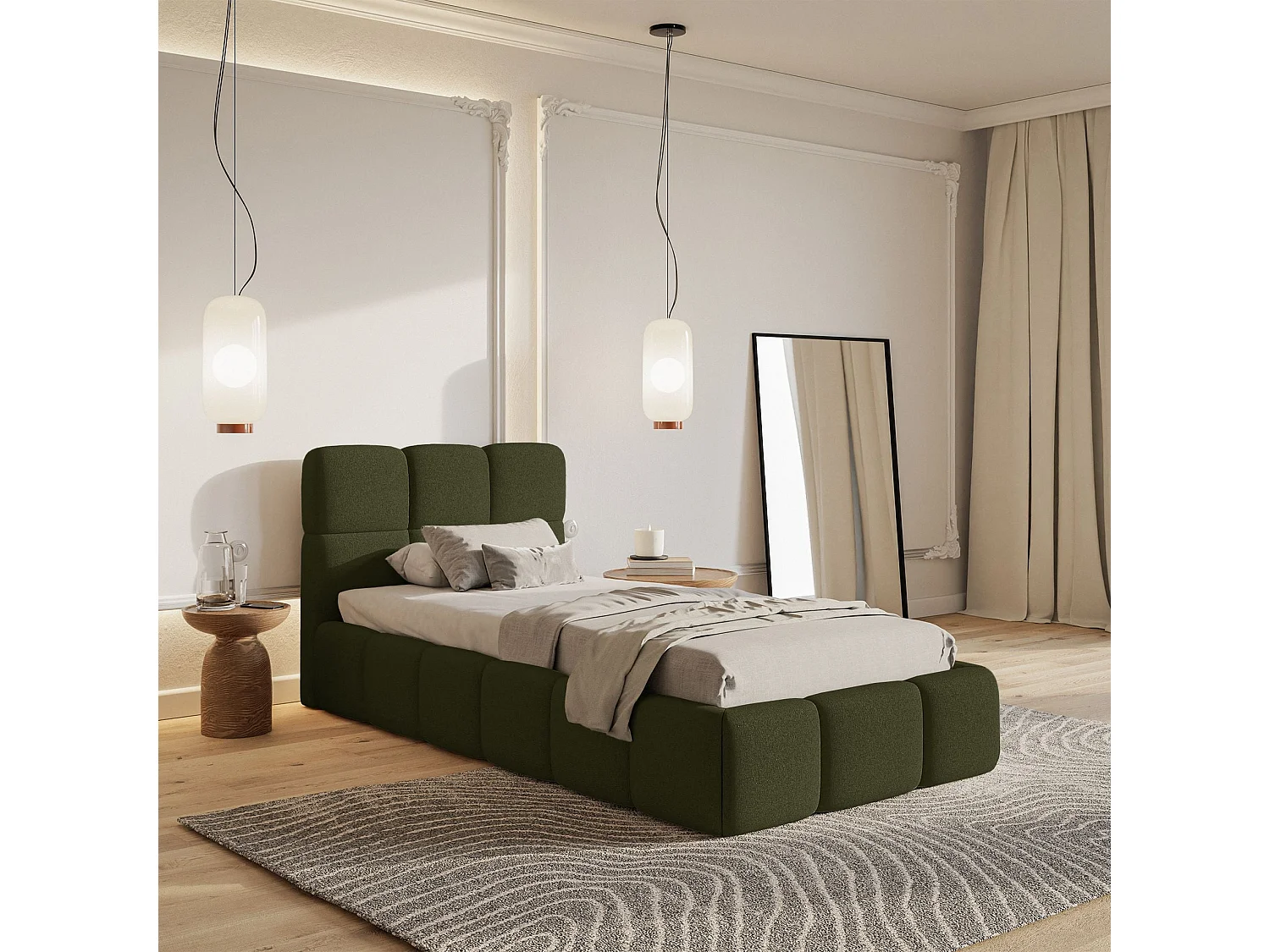 Gestoffeerd bed 90x200 cm – Chenille Olijfgroen – CLOUDY