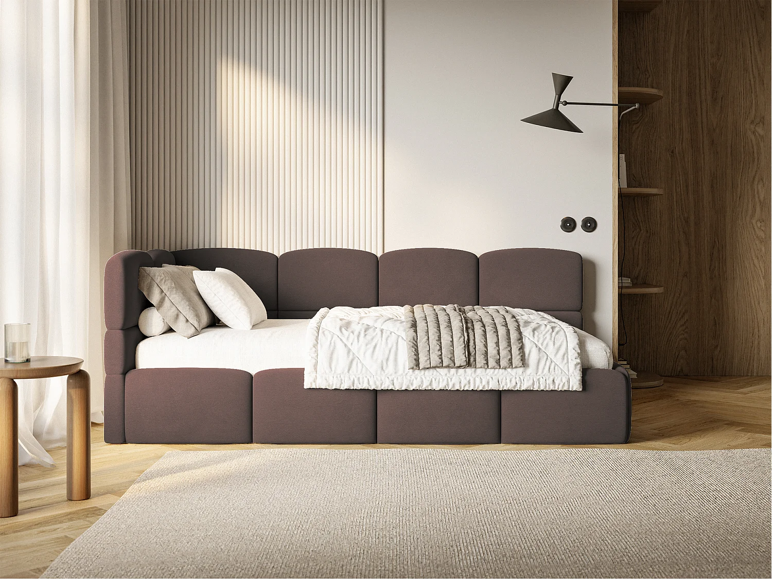 Lit ado 90x200 – tête de lit à gauche – velours Marron – CLOUDY