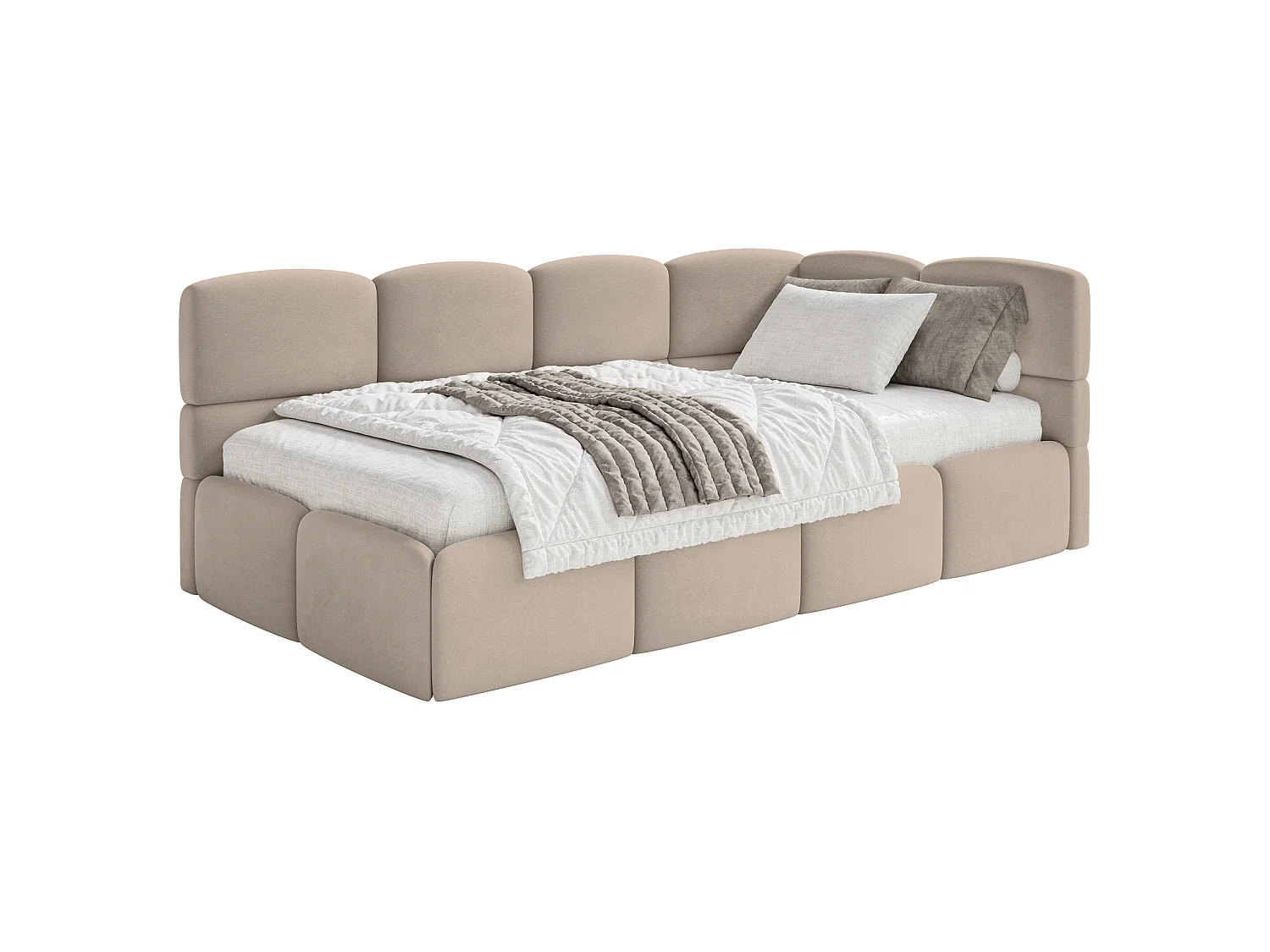 Jugendbett 90x200 mit Matratze – Kopfteil rechts – Samt Beige – CLOUDY