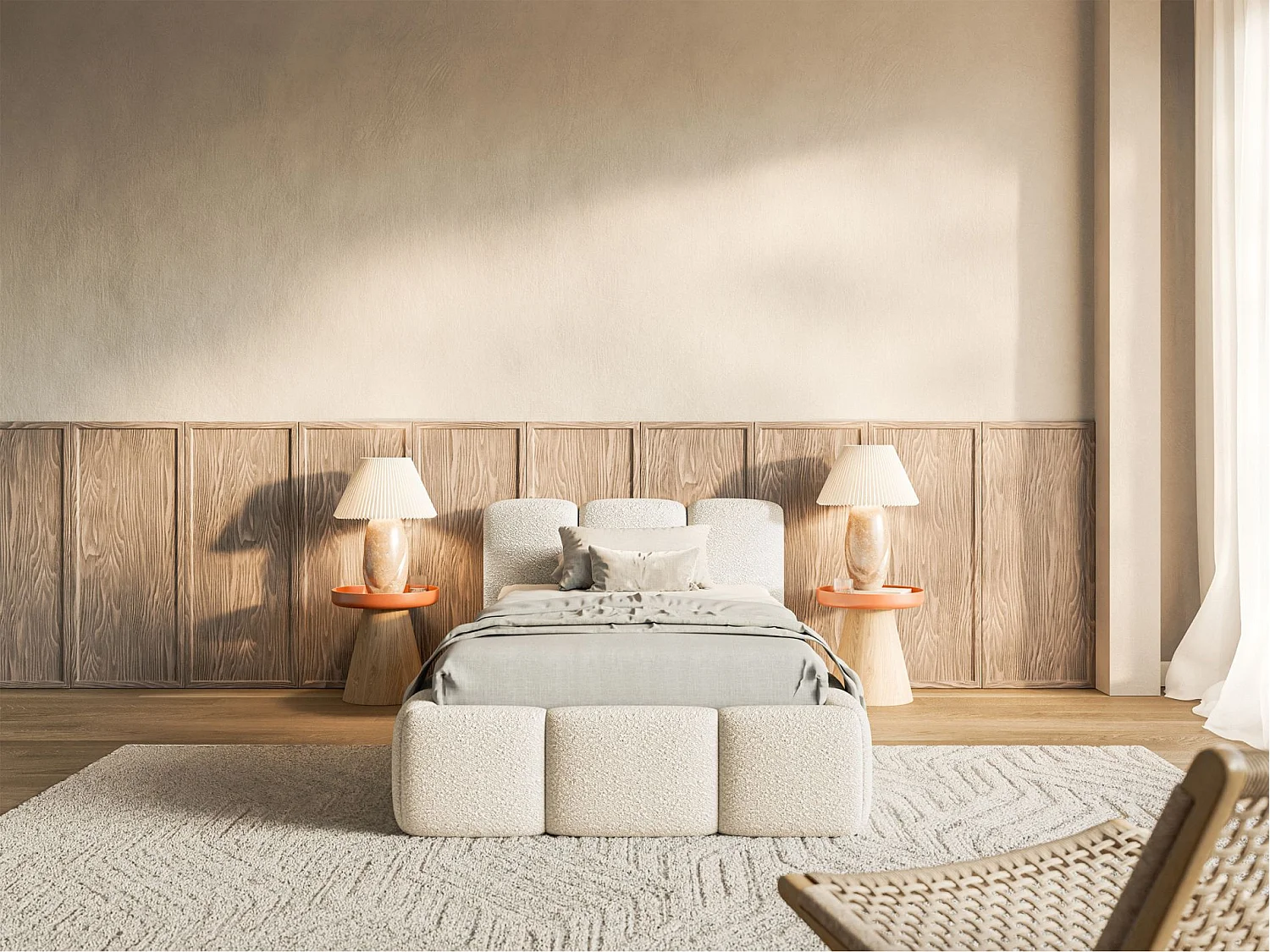 Lit rembourré 90x200 – avec coffre – Bouclé Beige clair – CLOUDY LOW