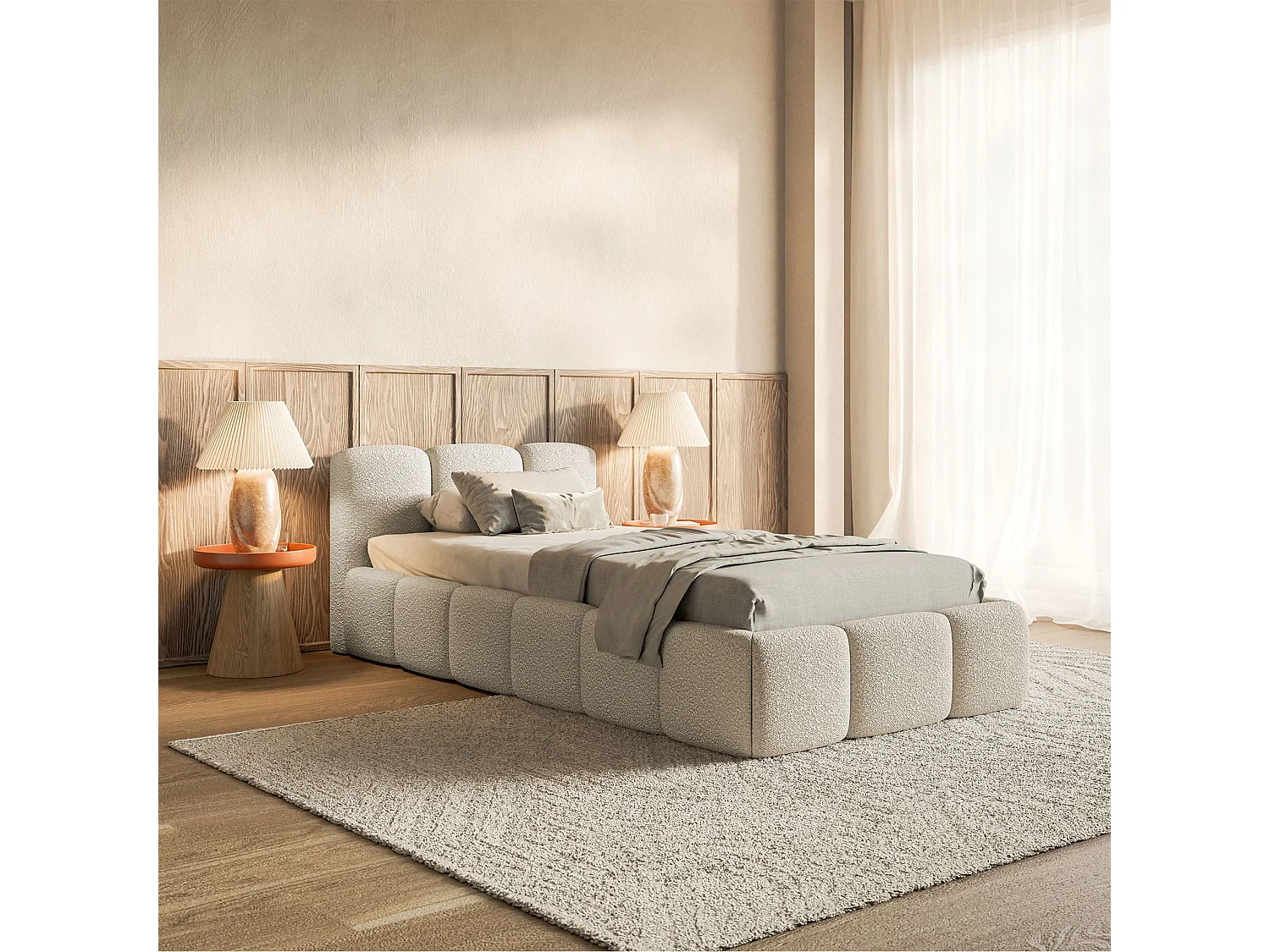 Lit rembourré 90x200 – avec coffre – Bouclé Beige clair – CLOUDY LOW