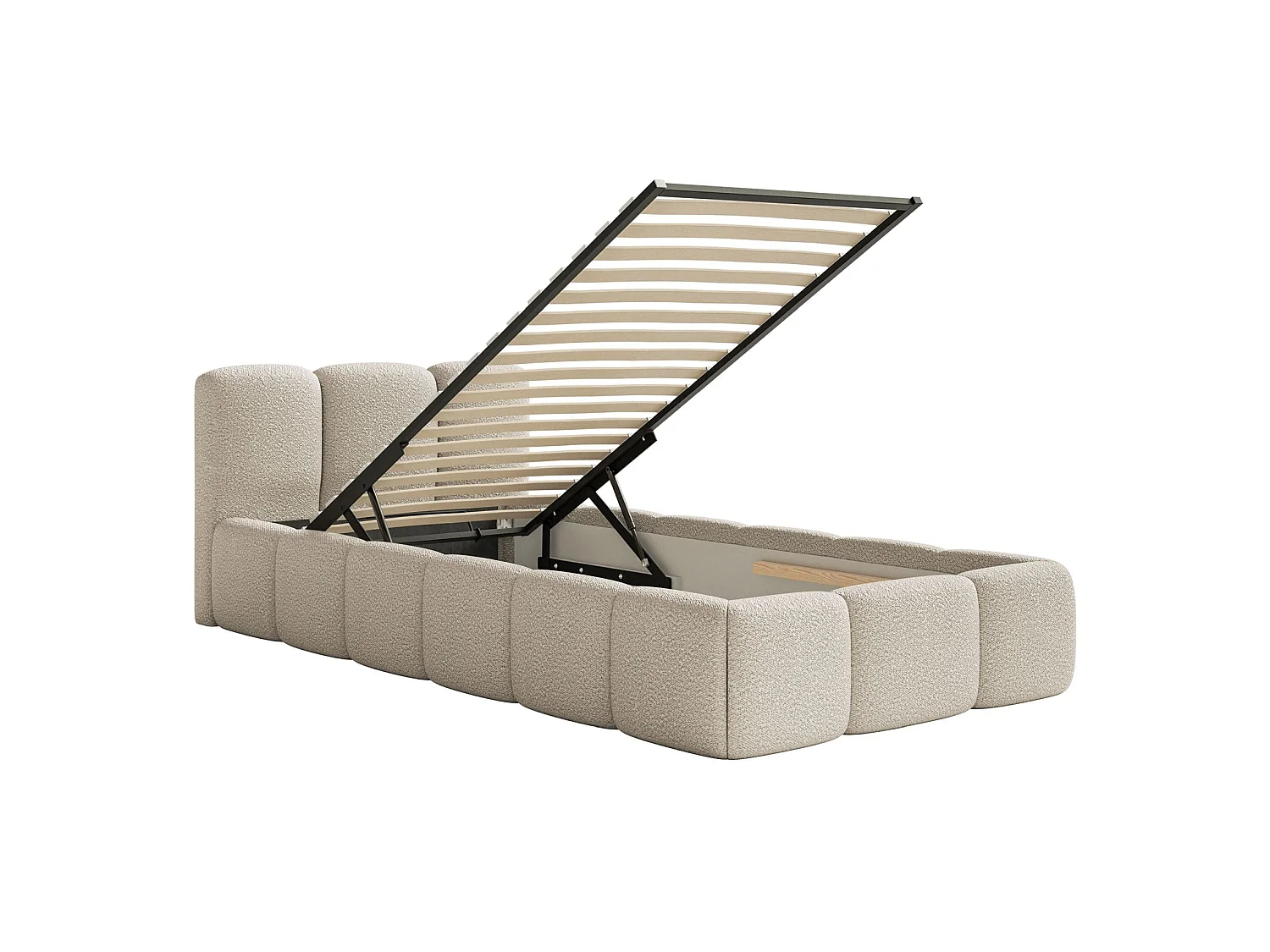 Lit rembourré 90x200 – avec coffre – Bouclé Beige clair – CLOUDY LOW