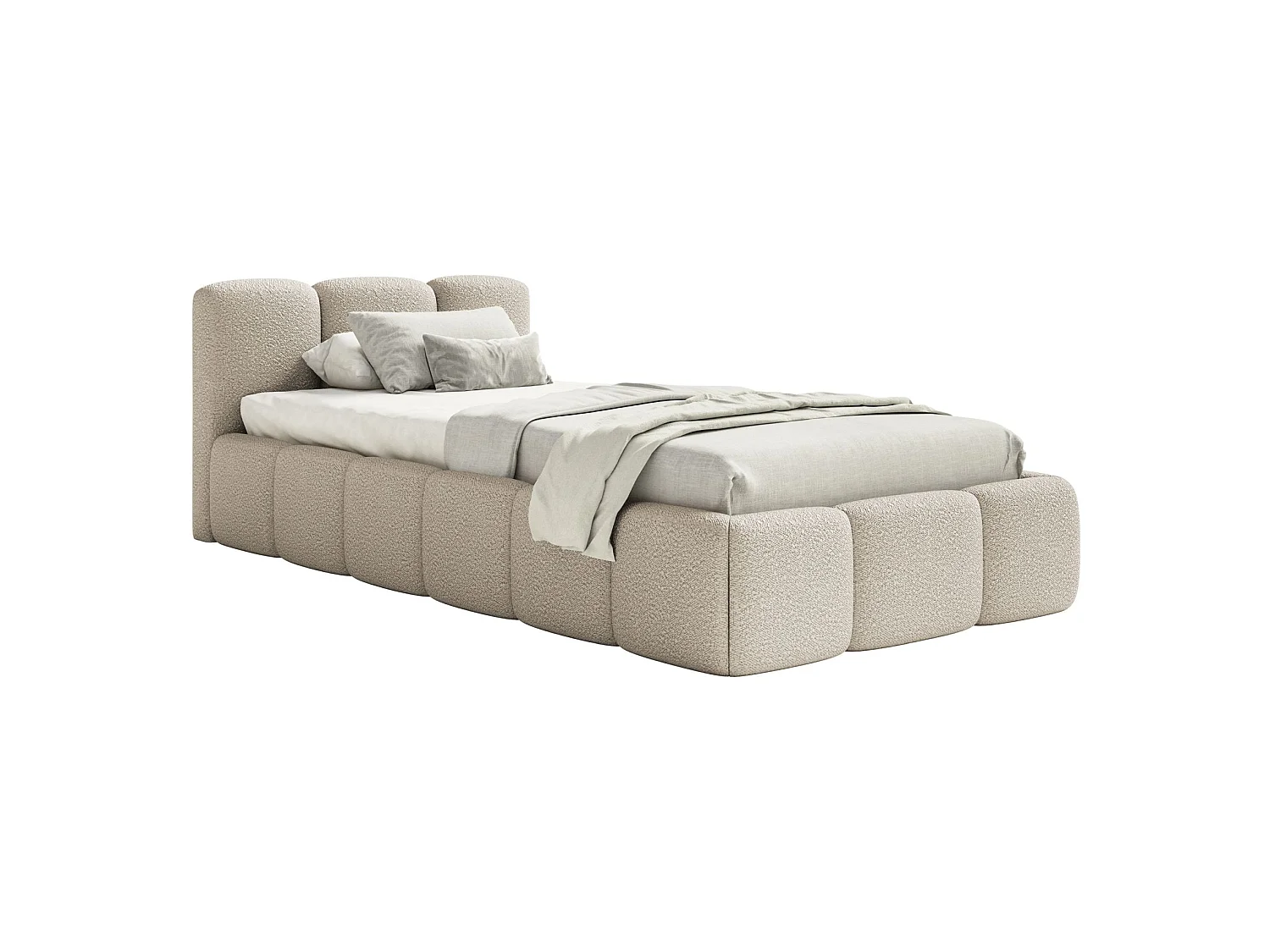 Lit rembourré 90x200 – avec coffre – Bouclé Beige clair – CLOUDY LOW