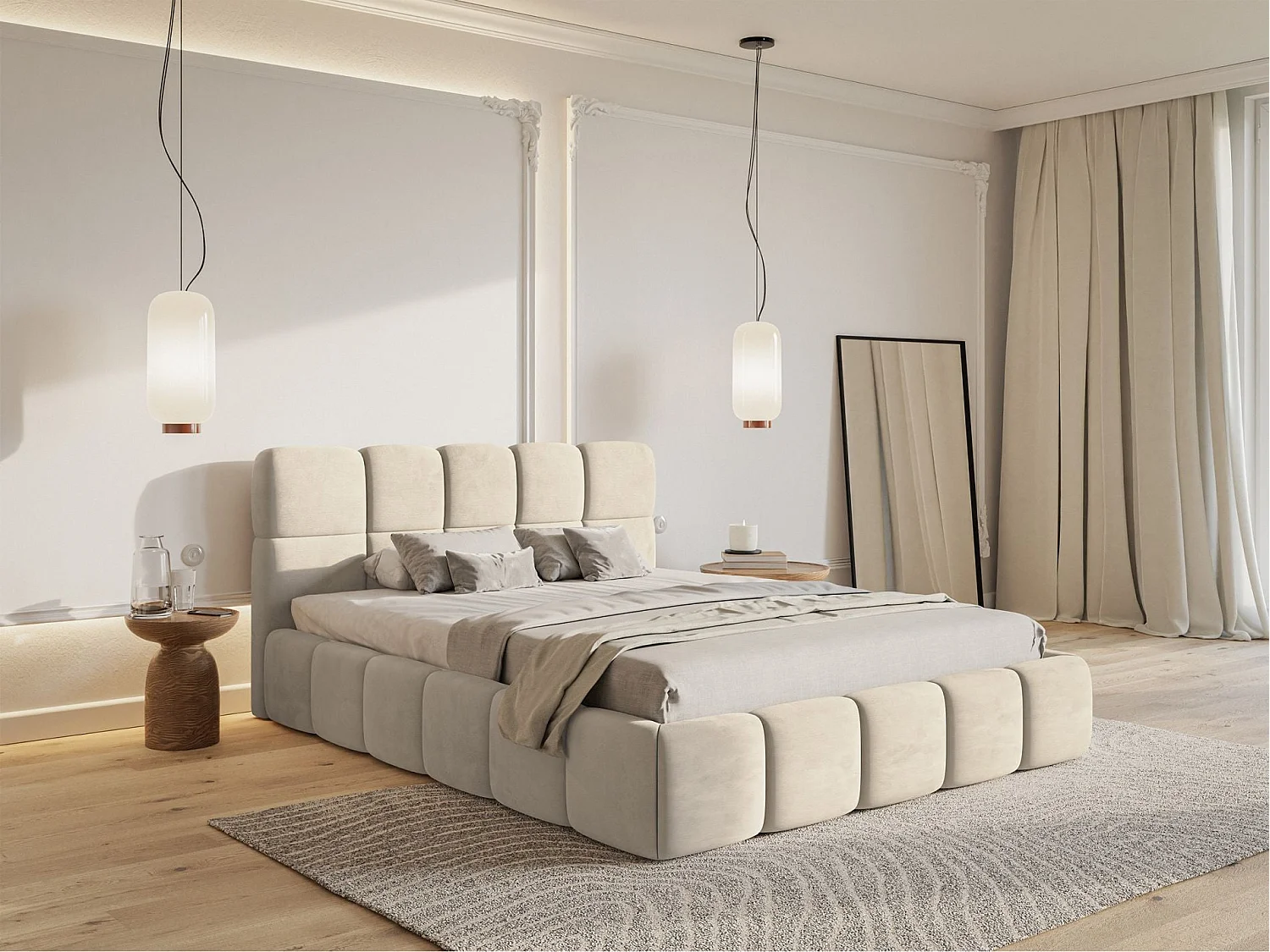 Lit rembourré 120x200 – Velours Beige clair – Cloudy