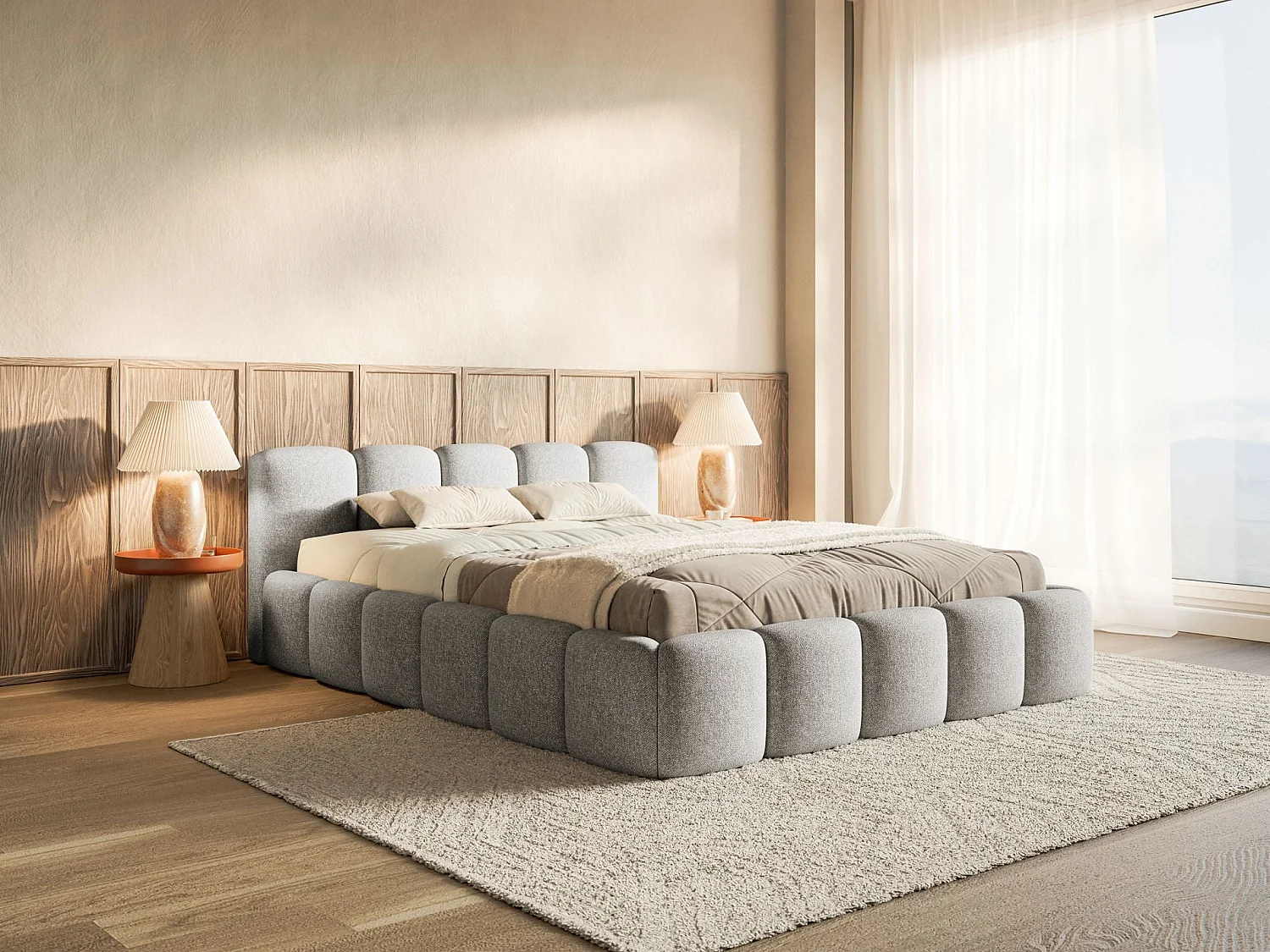 Gestoffeerd bed 120x200 – met opbergruimte – Fluweel Lichtgrijs – CLOUDY LOW