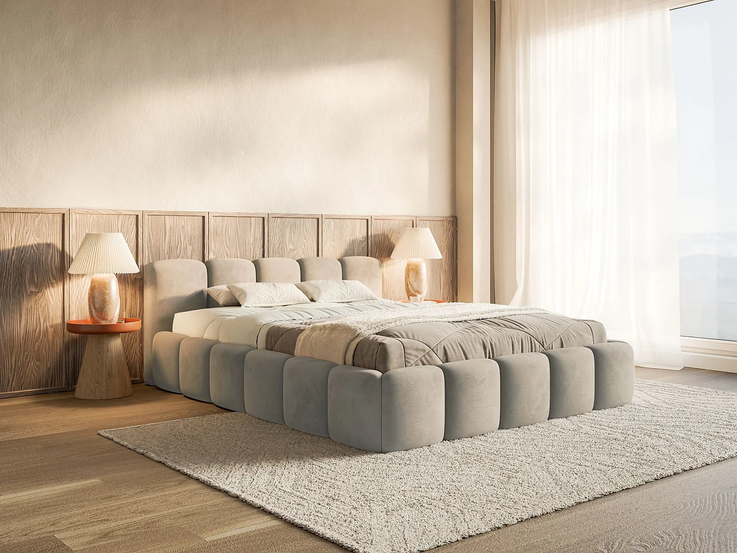 Gestoffeerd bed 120x200 – Fluweel Grijsbeige – CLOUDY LOW