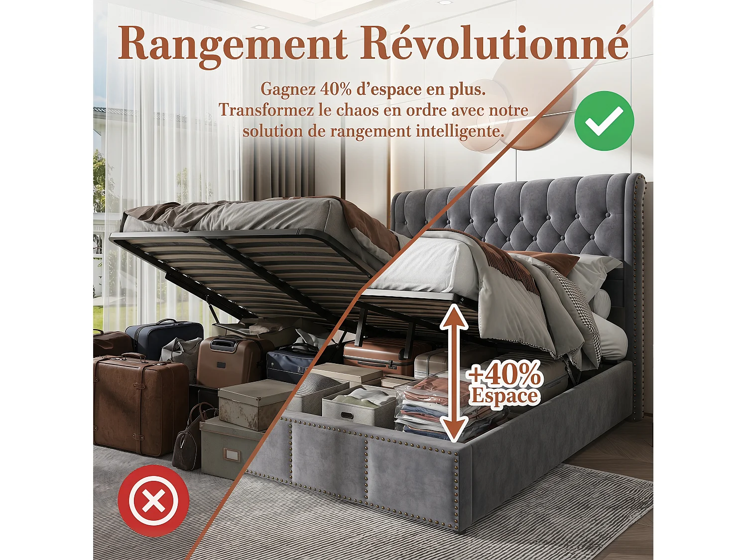 Lit 160x200 avece sommier et rangement hydraulique, Lit double avec   tete de lit rembourré, Cadre de Lit coffre gris velours