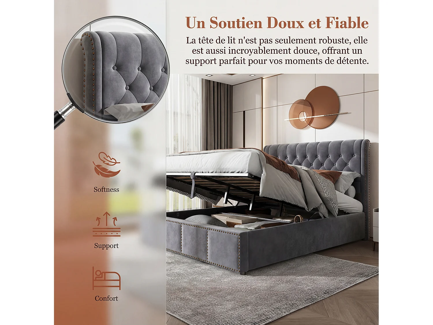 Lit 160x200 avece sommier et rangement hydraulique, Lit double avec   tete de lit rembourré, Cadre de Lit coffre gris velours