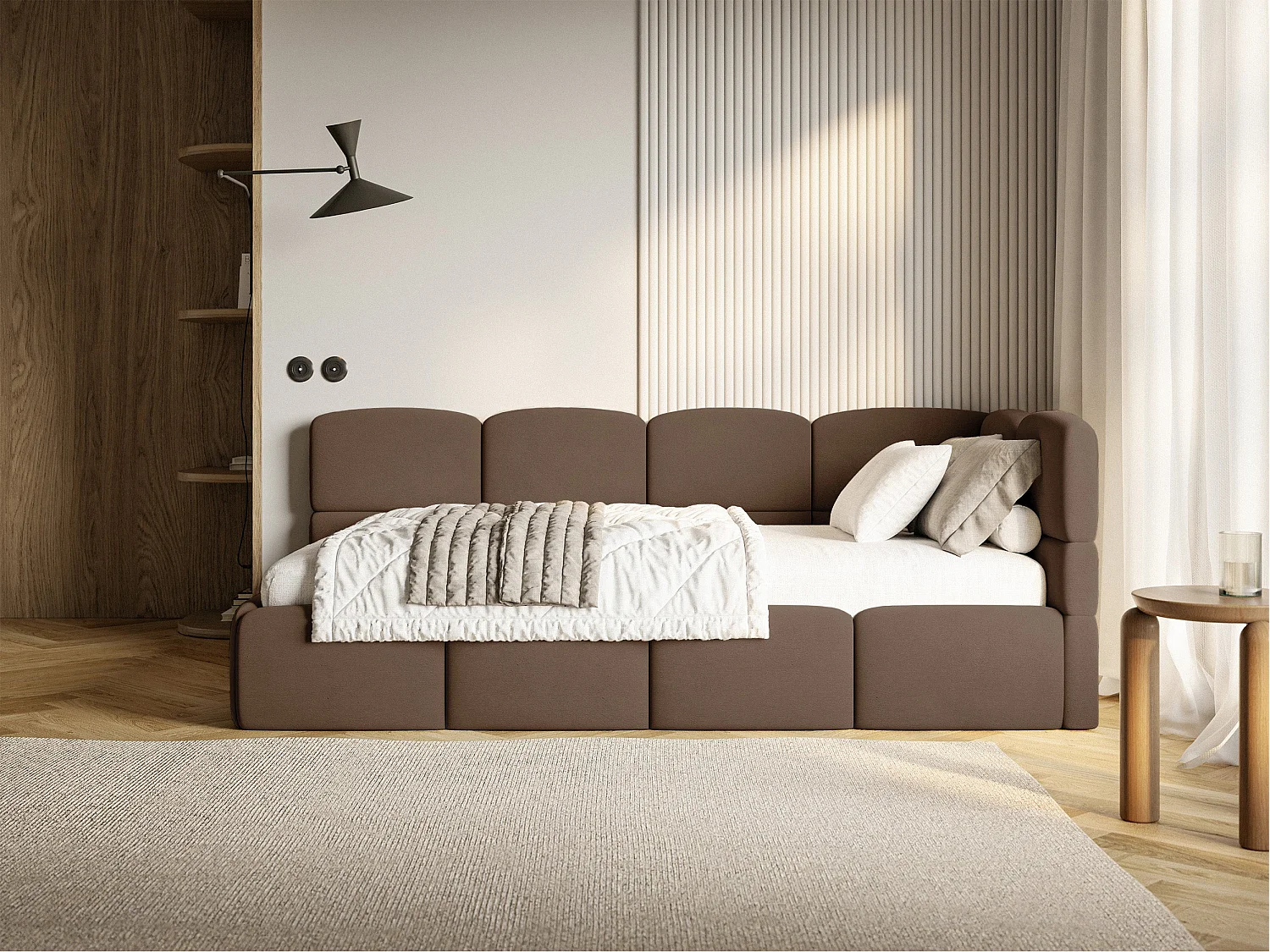 Lit ado 90x200 avec matelas – tête de lit à droite – velours Marron – CLOUDY