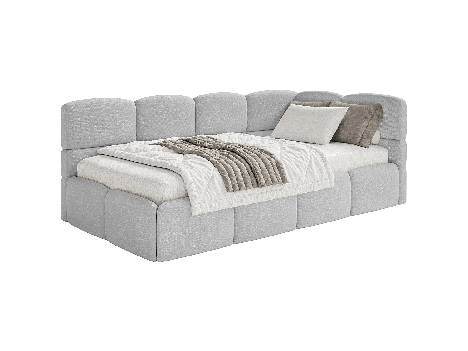 Tienerbed 120 cm – Opbergbak – Chenille – Hoofdbord rechts – Lichtgrijs – CLOUDY