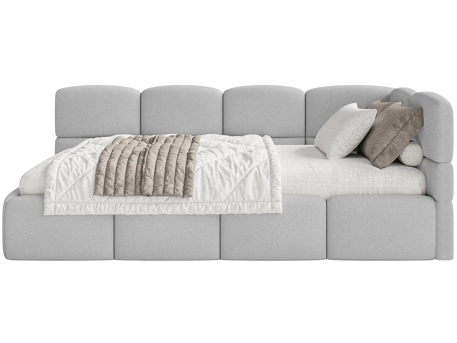 Tienerbed 120 cm – Opbergbak – Chenille – Hoofdbord rechts – Lichtgrijs – CLOUDY