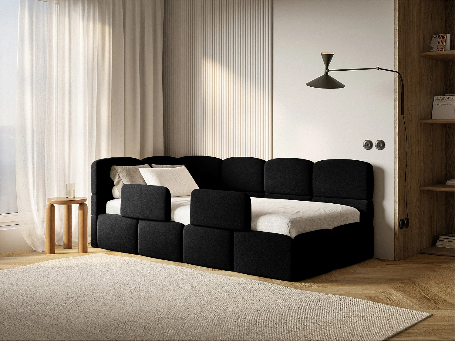 Lit enfant 90x200 – barrière – tête de lit à gauche – velours Noir – CLOUDY