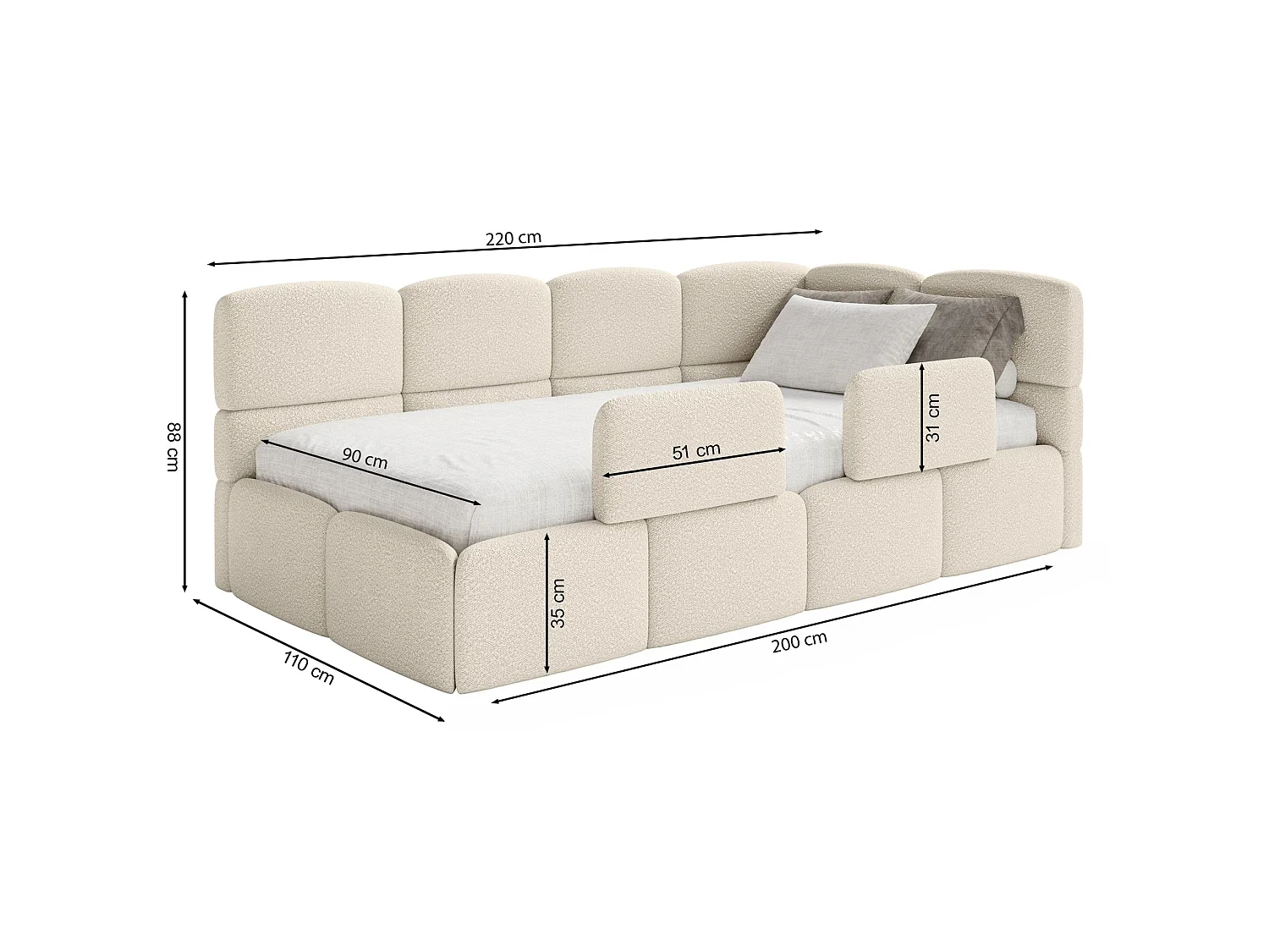 Lit enfant 90x200 – barrière – tête de lit à gauche – velours Noir – CLOUDY