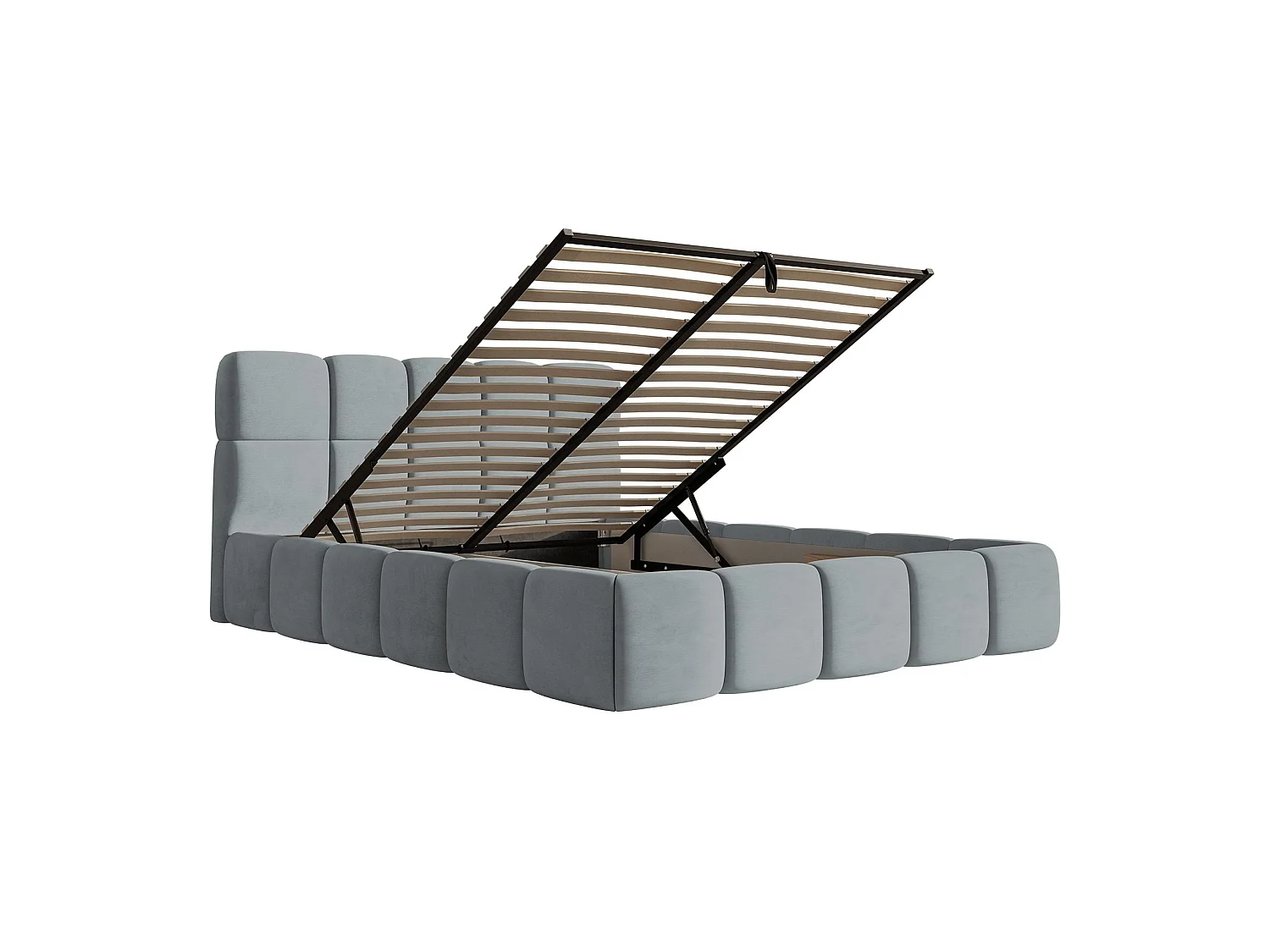 Lit rembourré 140x200 – avec coffre – velours gris – CLOUDY