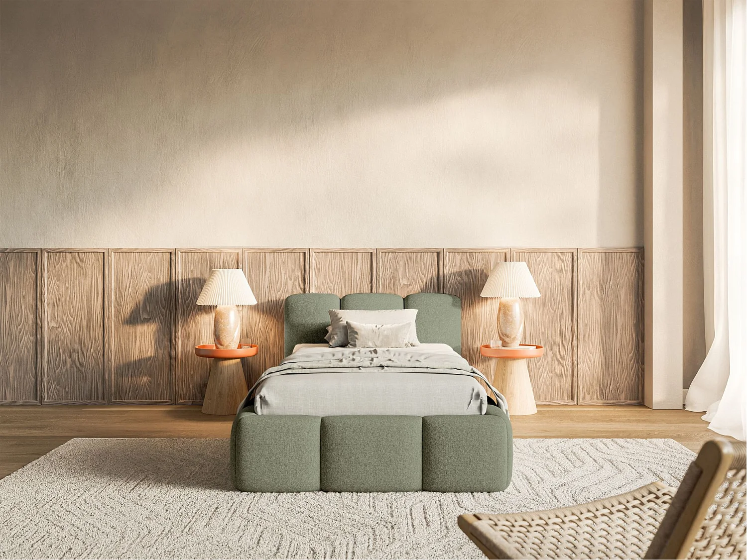 Lit rembourré 90x200 – Chenille Vert olive – CLOUDY LOW