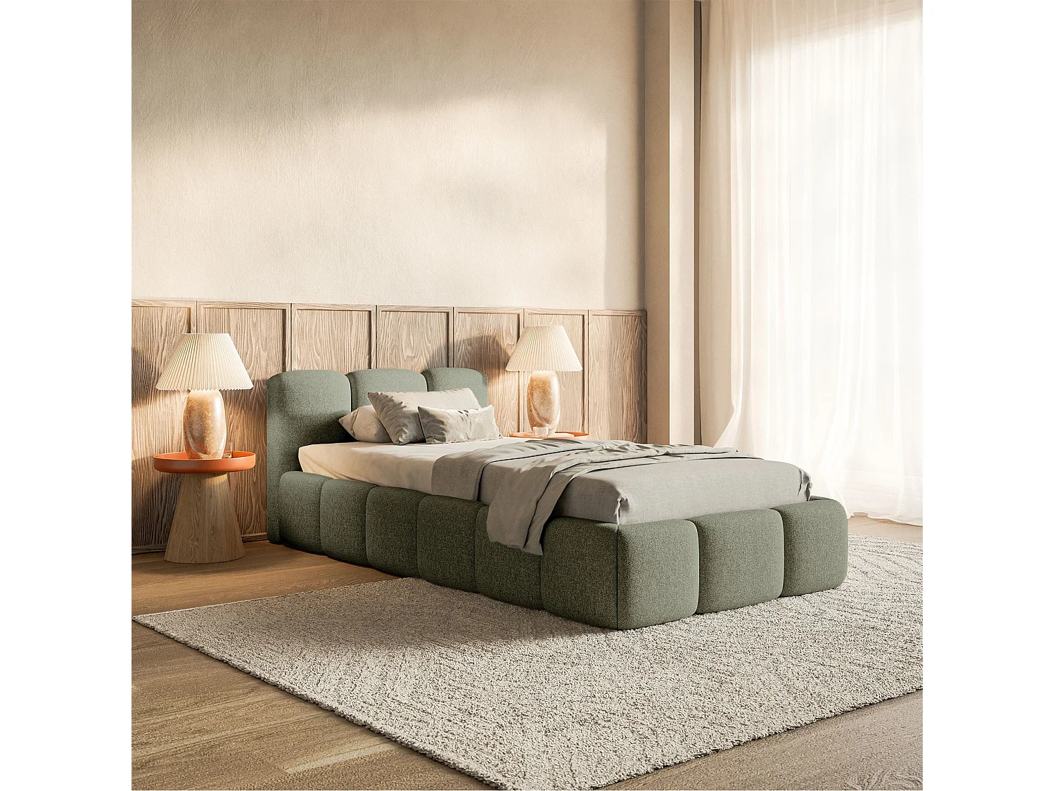Gestoffeerd bed 90x200 cm – Chenille Olijfgroen – CLOUDY LOW