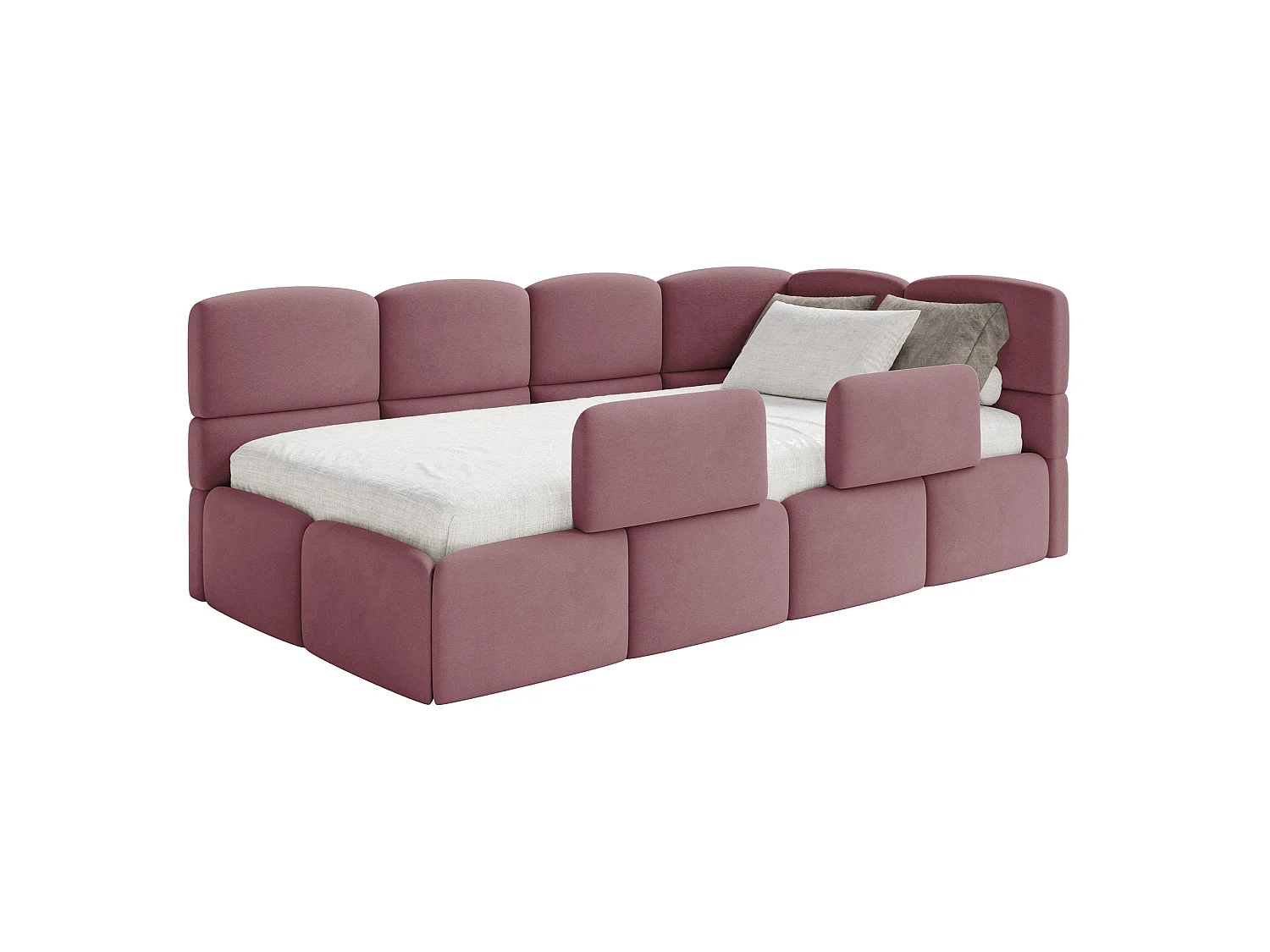 Lit enfant 90x200 – avec matelas & barrière – tête de lit à droite – velours Rose – CLOUDY