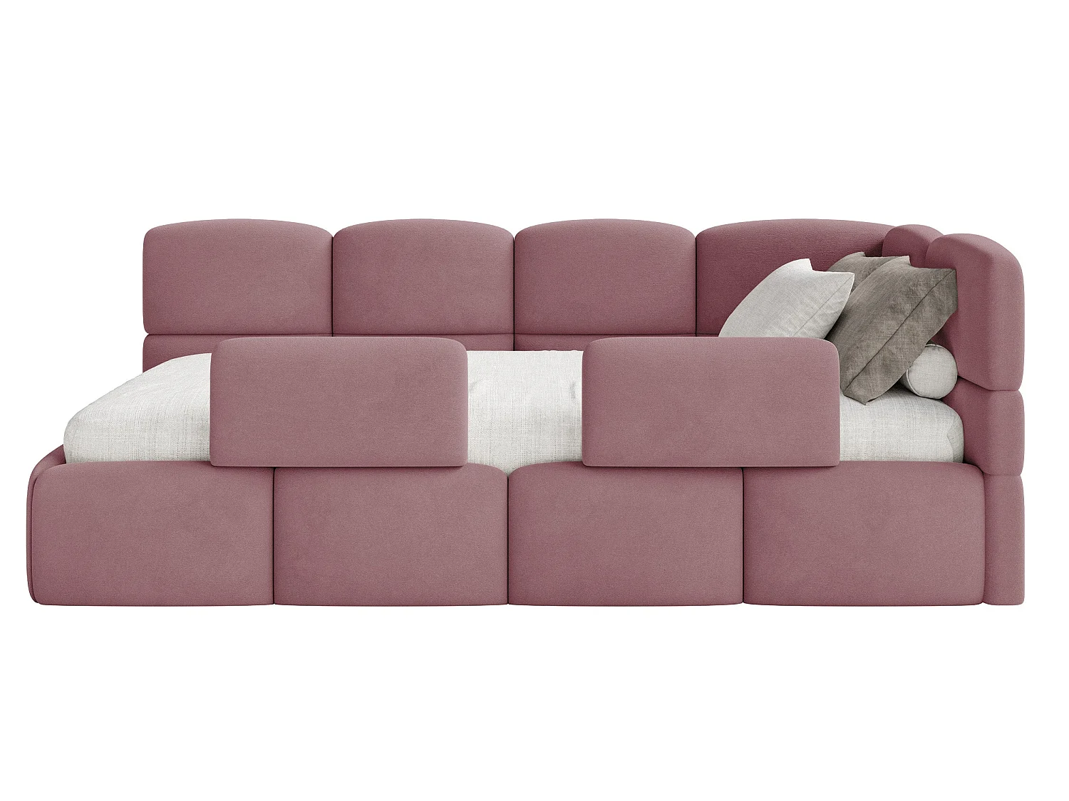 Lit enfant 90x200 – avec matelas & barrière – tête de lit à droite – velours Rose – CLOUDY