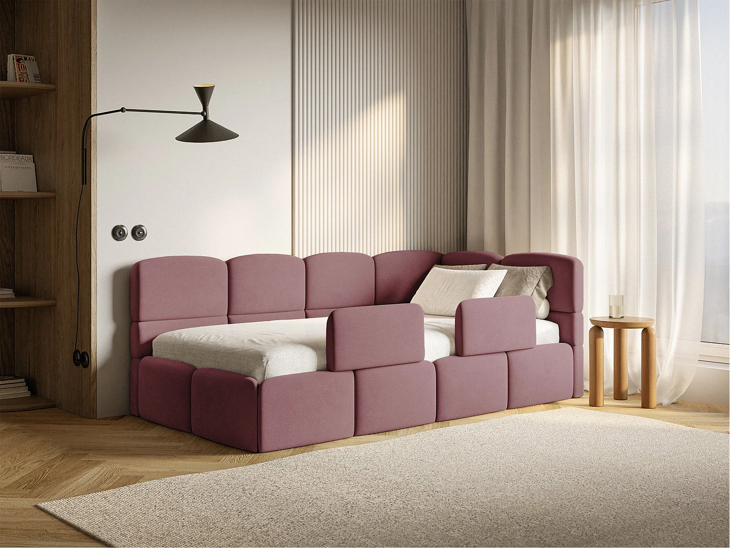 Lit enfant 90x200 – barrière – tête de lit à droite – velours Rose – CLOUDY