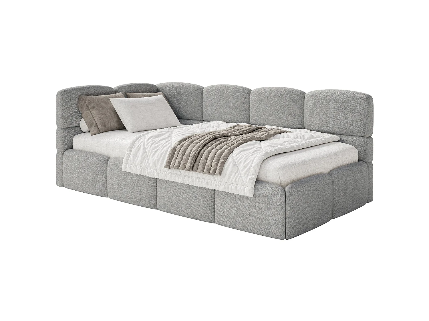 Jugendbett 120 cm – Bettkasten – Bouclé – Kopfteil links – Grau – CLOUDY
