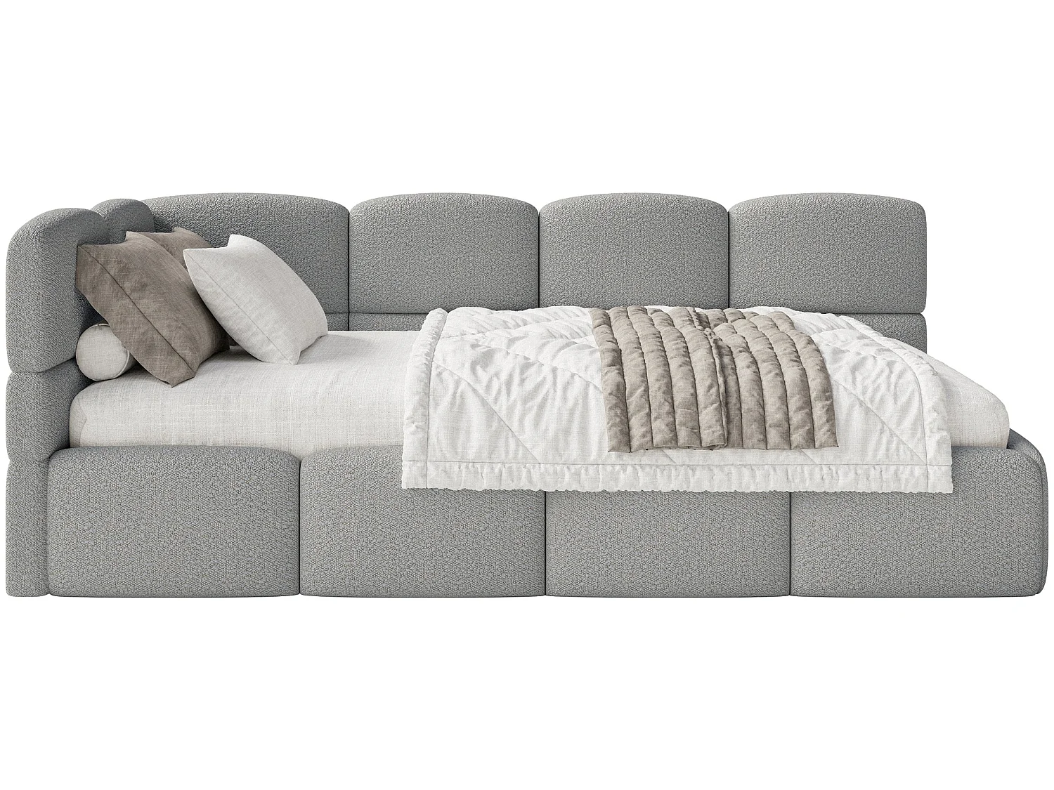 Jugendbett 120 cm – Bettkasten – Bouclé – Kopfteil links – Grau – CLOUDY