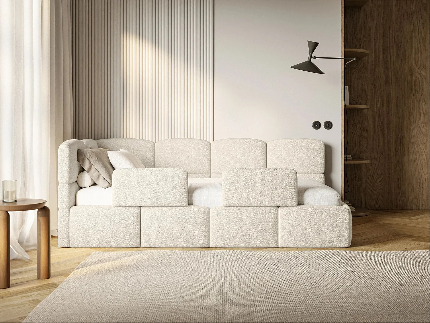 Lit enfant 120x200 cm – tête de lit à gauche – matelas & coffre de rangement – bouclé beige clair – CLOUDY