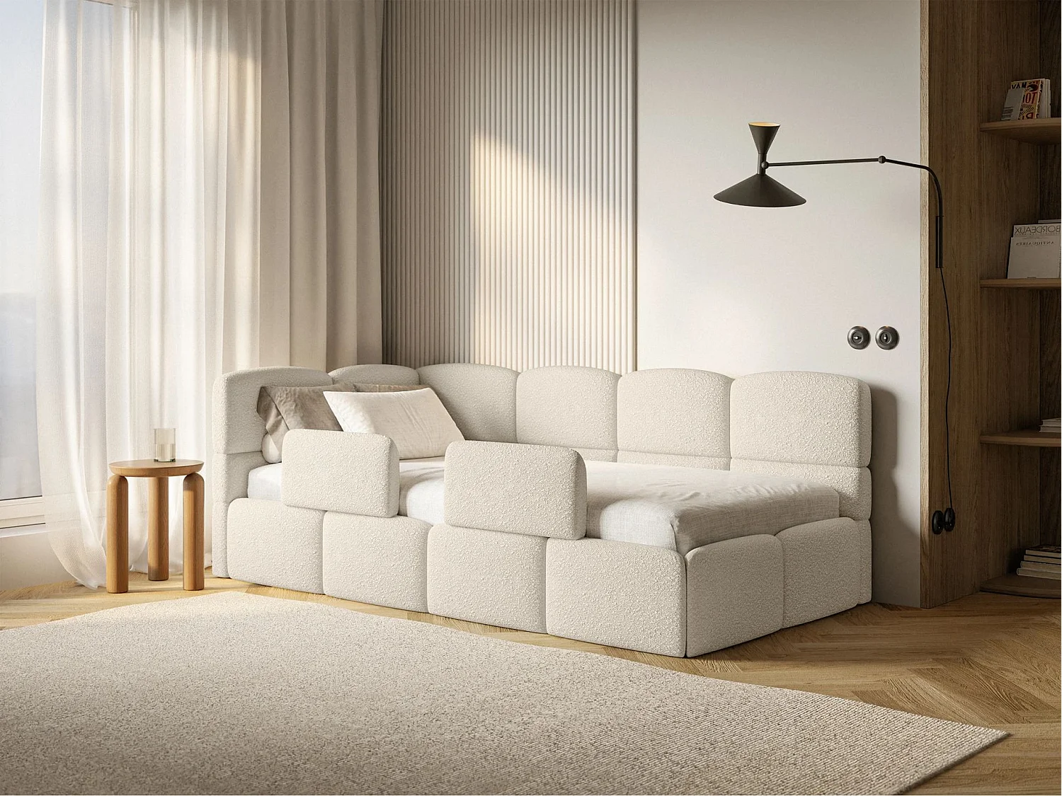 Lit enfant 120x200 cm – tête de lit à gauche – matelas & coffre de rangement – bouclé beige clair – CLOUDY