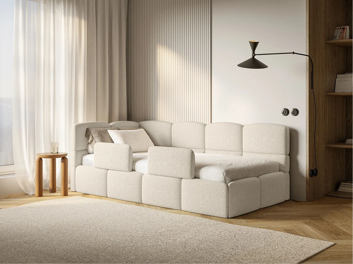 Lit enfant 120x200 cm – tête de lit à gauche – matelas & coffre de rangement – bouclé beige clair – CLOUDY