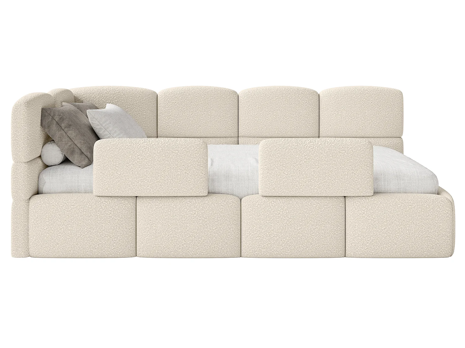 Lit enfant 120x200 cm – tête de lit à gauche – matelas & coffre de rangement – bouclé beige clair – CLOUDY