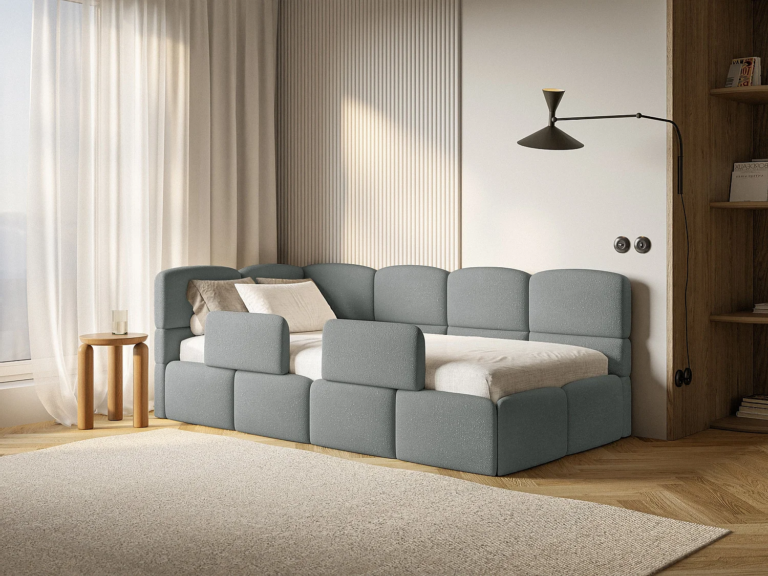 Kinderbett 120x200 Kopfteil links – Matratze & Stauraum – Chenille Dunkelgrau – CLOUDY