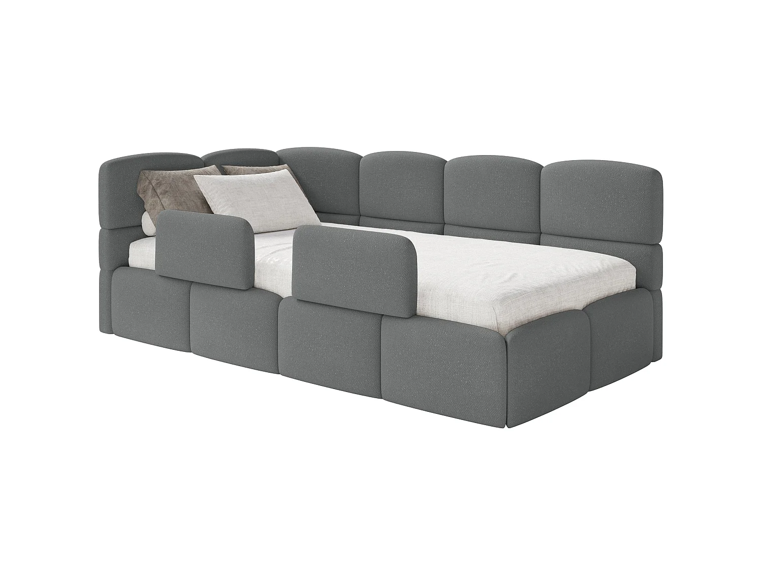 Kinderbett 120x200 Kopfteil links – Matratze & Stauraum – Chenille Dunkelgrau – CLOUDY
