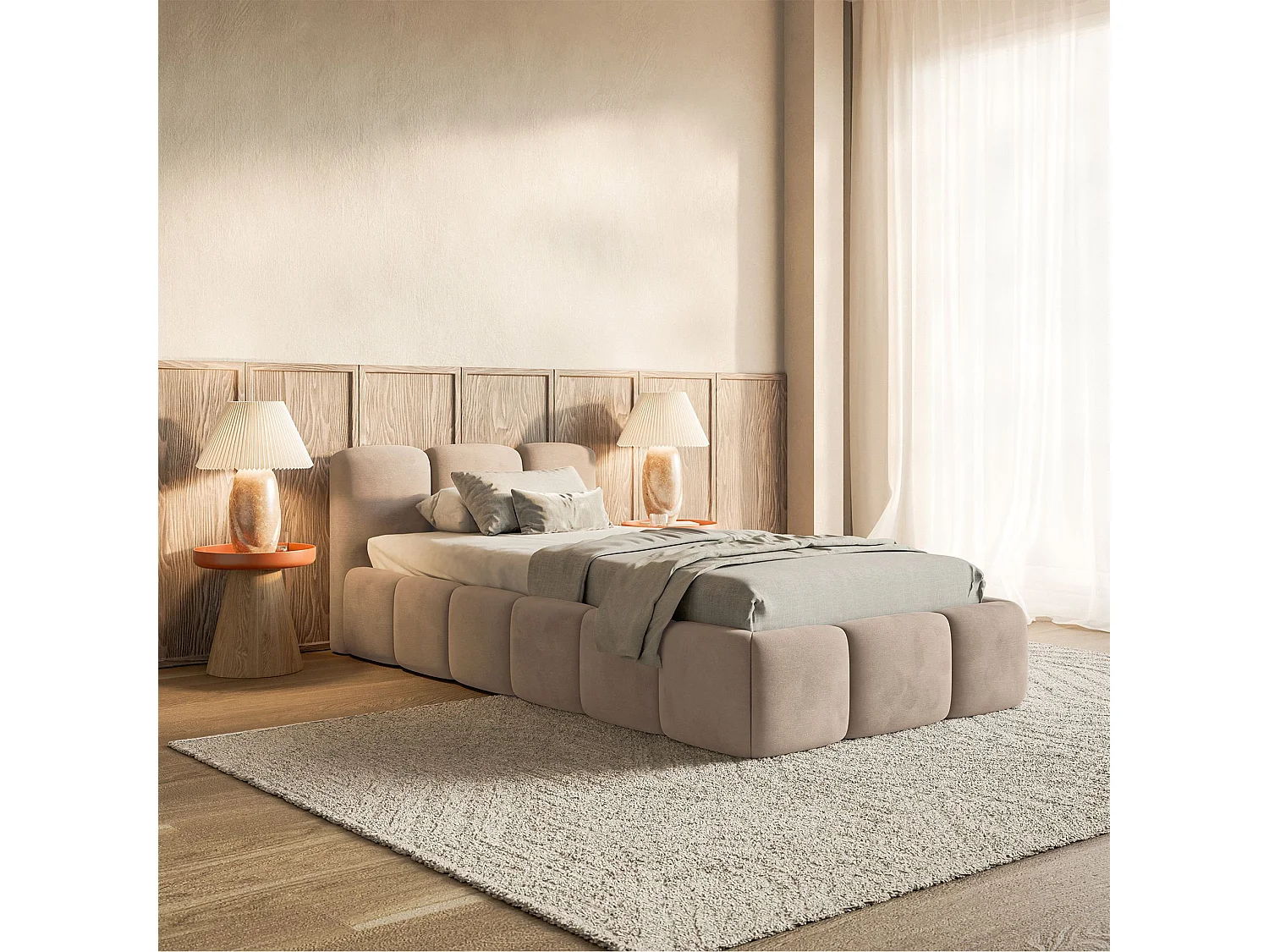 Lit rembourré 90x200 – Velours Beige – CLOUDY LOW
