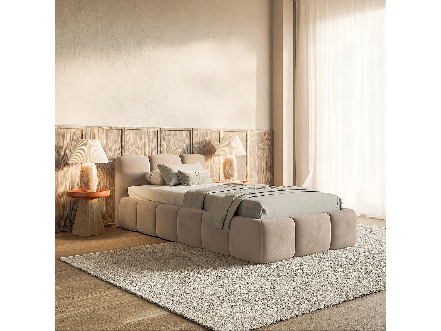 Gestoffeerd bed 90x200 cm – Fluweel Beige – CLOUDY LOW