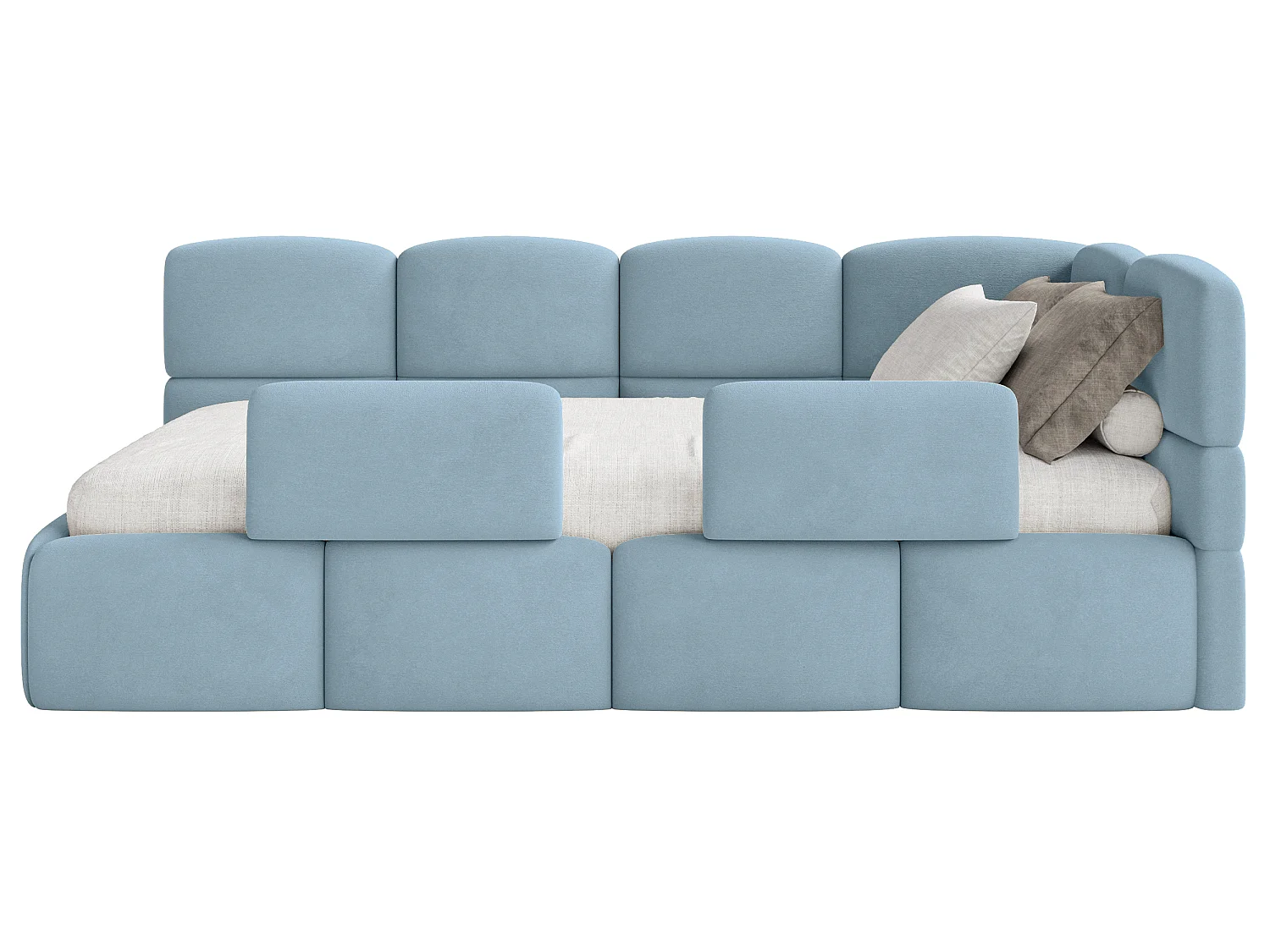 Lit enfant 90x200 – avec matelas & barrière – tête de lit à droite – velours Bleu clair – CLOUDY