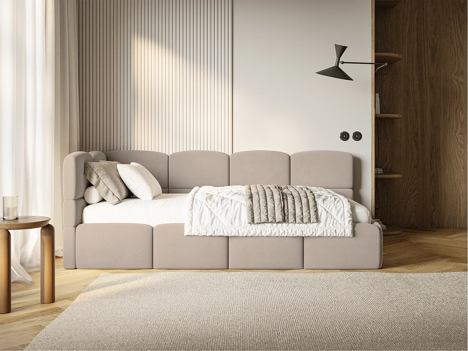 Jugendbett 90x200 – Kopfteil links – Samt Beige – CLOUDY