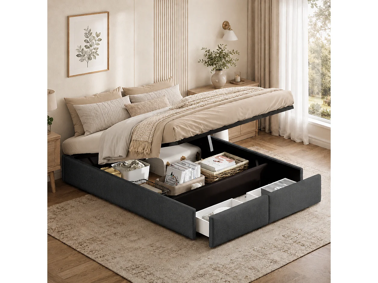 Lit Coffre 160x200 cm, lit Double Moderne avec Espace de Rangement hydraulique et 2 tiroirs, Cadre de Lits avec sommier à Lattes en Bois, Gris