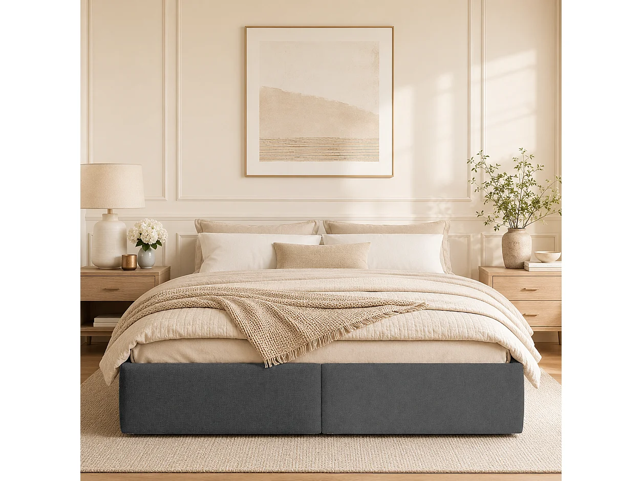 Lit Coffre 160x200 cm, lit Double Moderne avec Espace de Rangement hydraulique et 2 tiroirs, Cadre de Lits avec sommier à Lattes en Bois, Gris