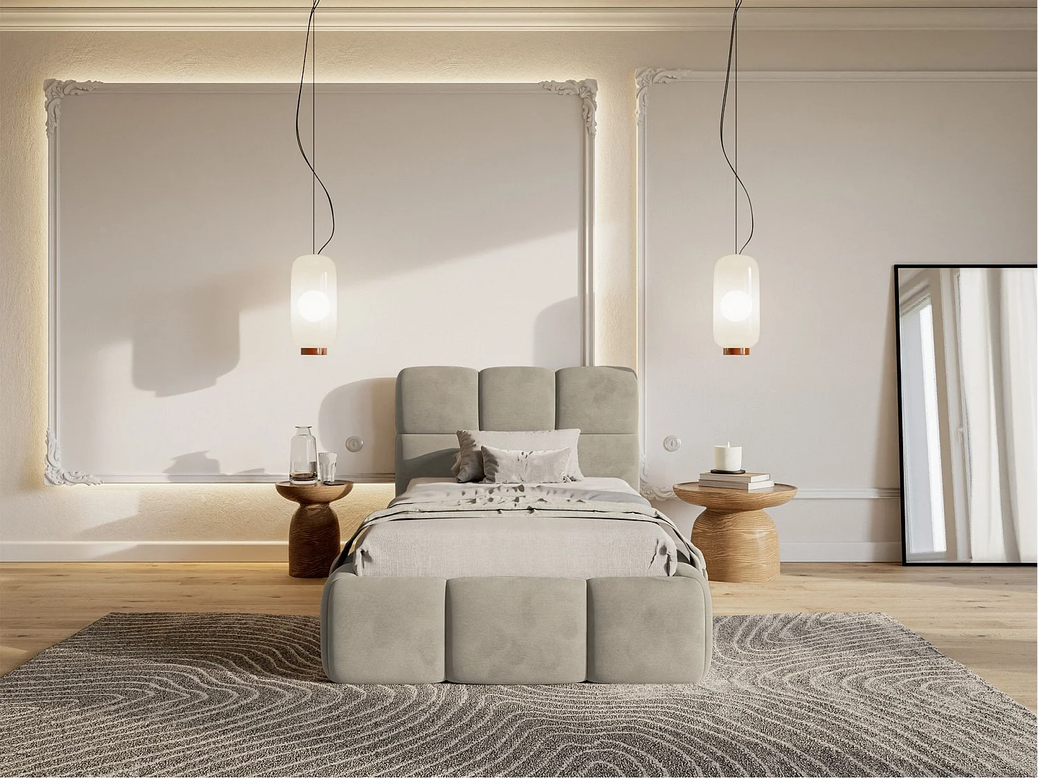Lit rembourré 90x200 – avec coffre – Velours Beige gris – CLOUDY