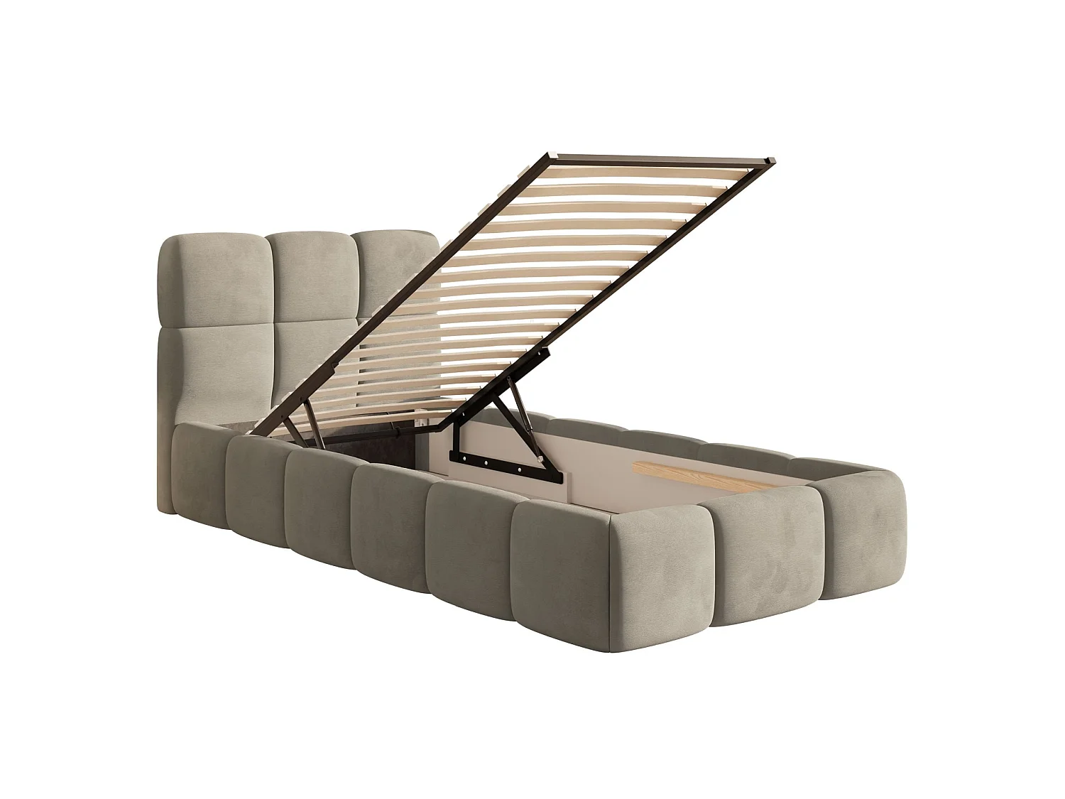 Gestoffeerd bed 90x200 cm – opbergruimte – Fluweel Grijsbeige – CLOUDY