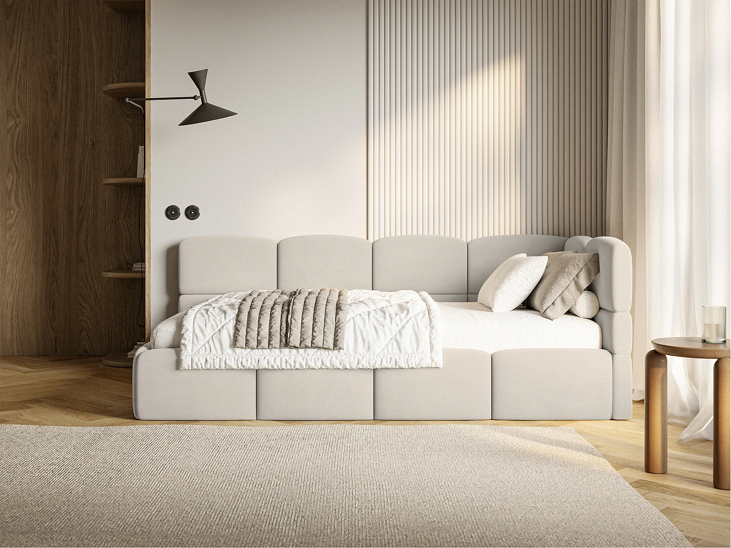 Lit ado 90x200 avec matelas – tête de lit à droite – velours Beige clair – CLOUDY