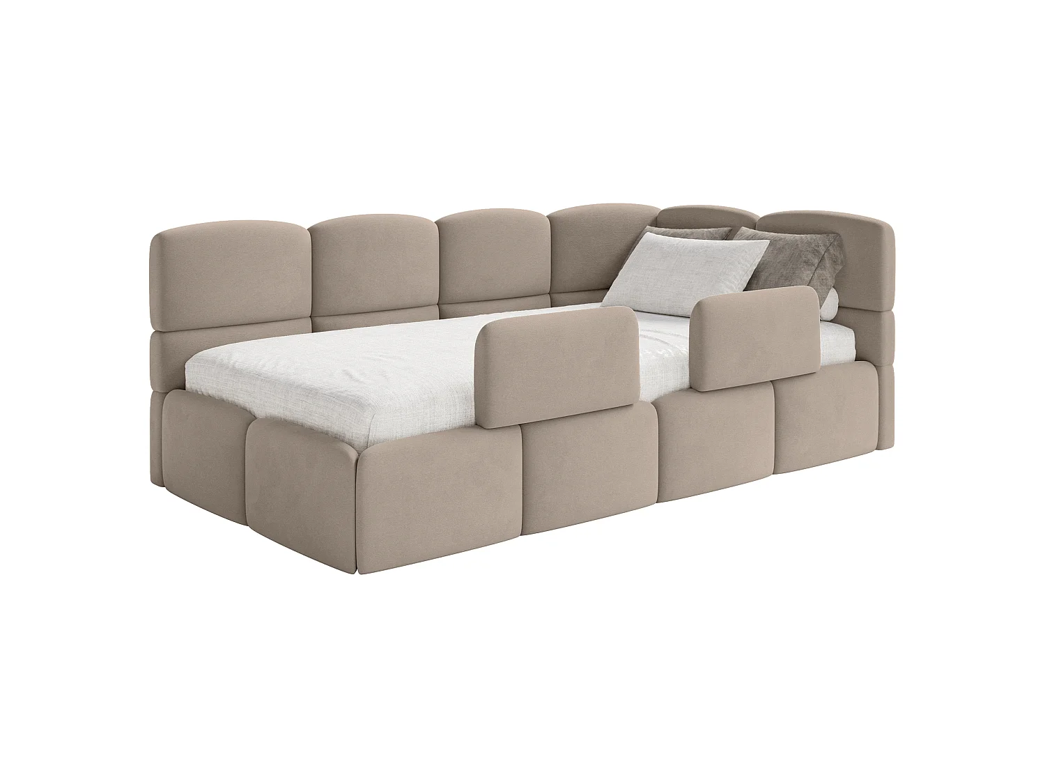 Kinderbett 90x200 – Rausfallschutz – Kopfteil rechts – Samt Beige – CLOUDY